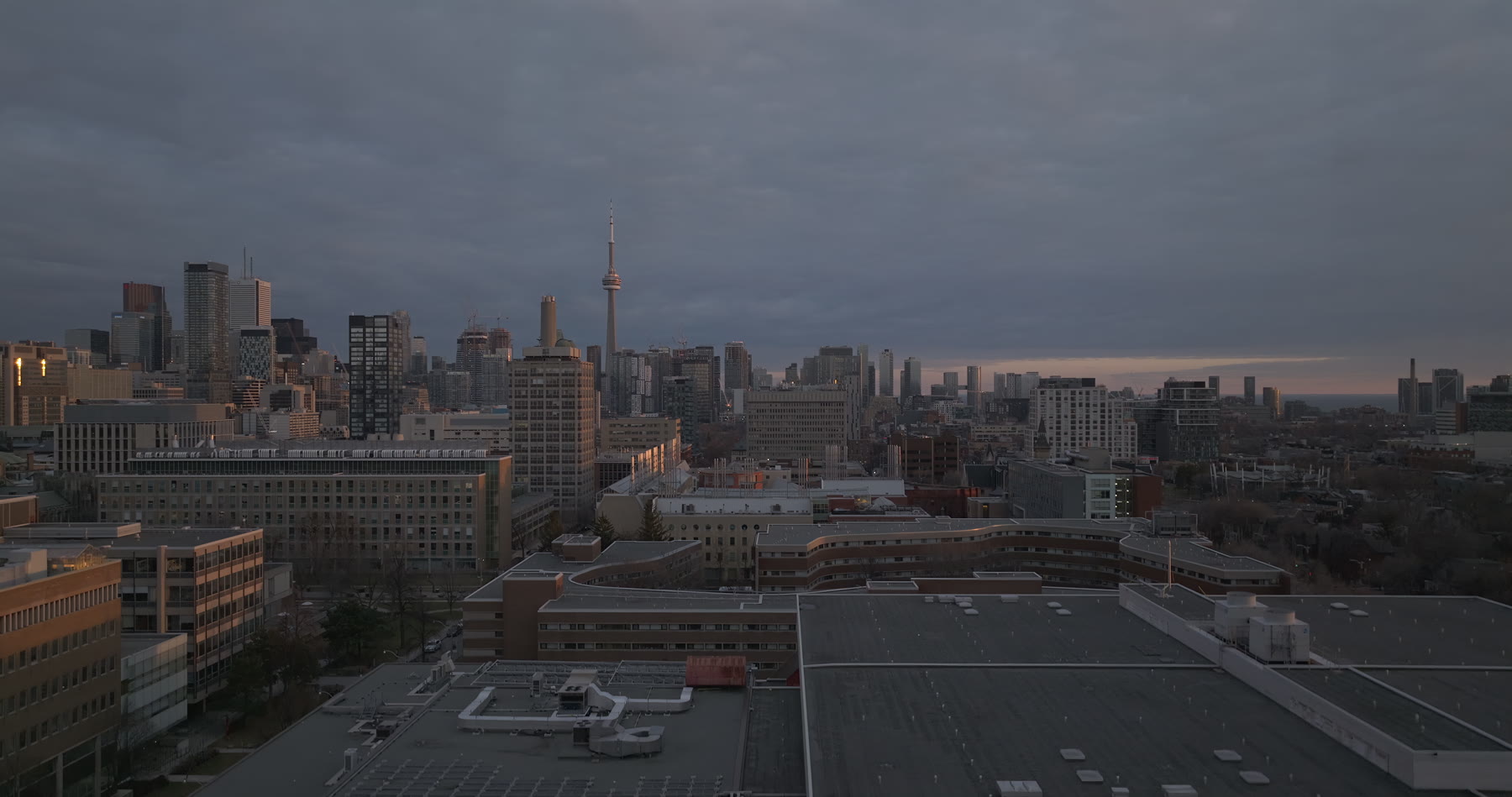 Toronto at dusk, the city quieting for the evening