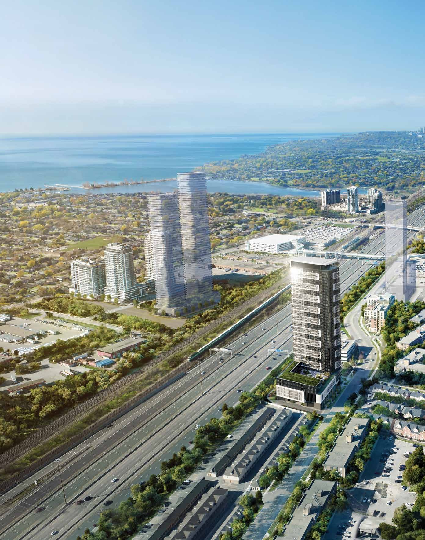 Aerial view of 1515 Pickering Parkway tower beside a highway and distant lake (artist's concept)