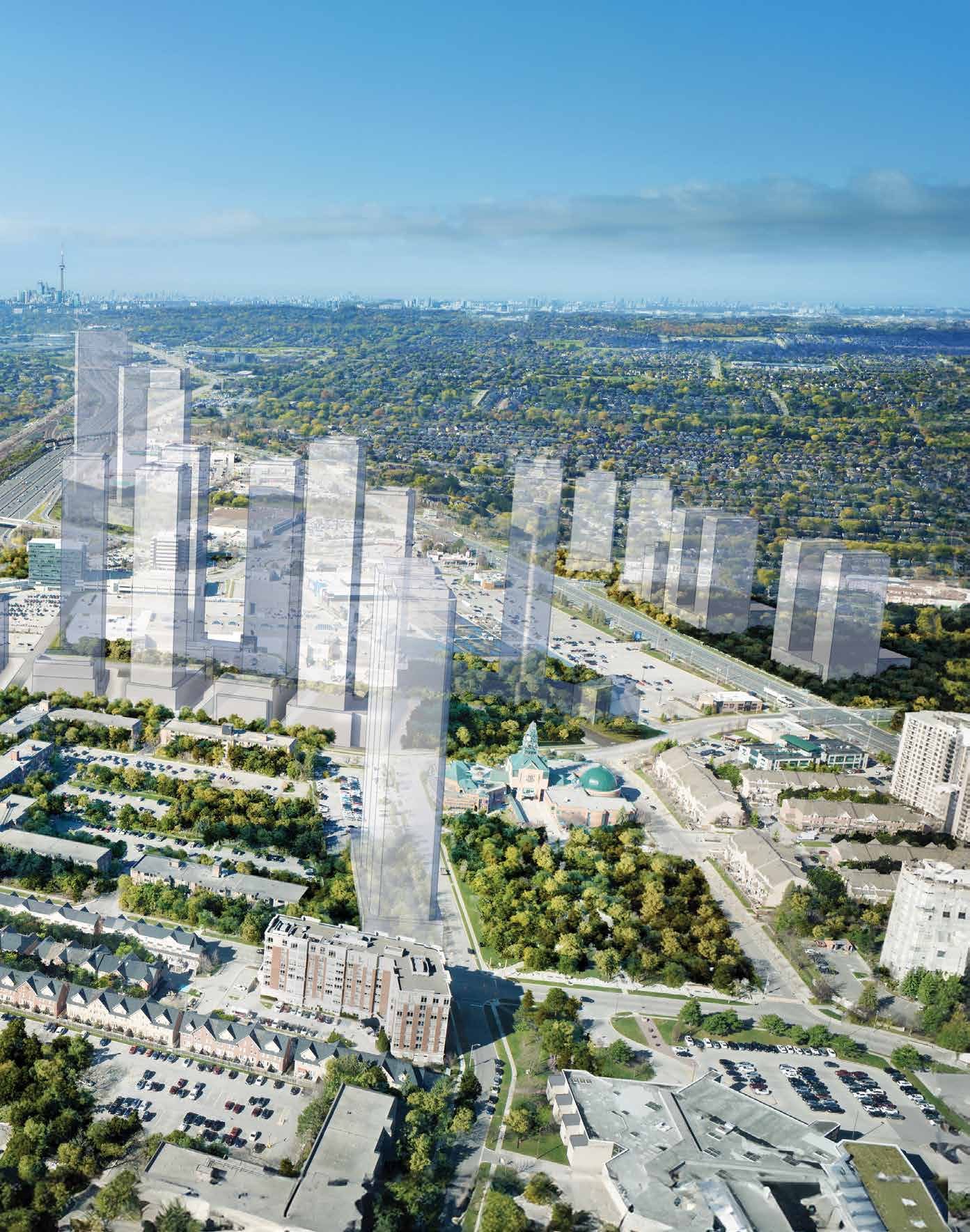 Aerial view of 1515 Pickering Parkway within its surrounding neighborhood and ghosted buildings (artist's concept)