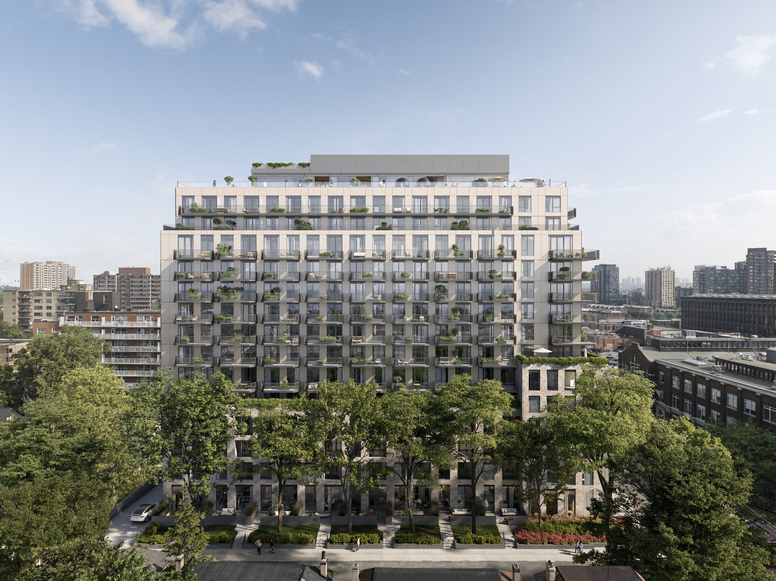Exterior view of the 15-storey residential mid-rise with landscaped sidewalk (artist's concept)