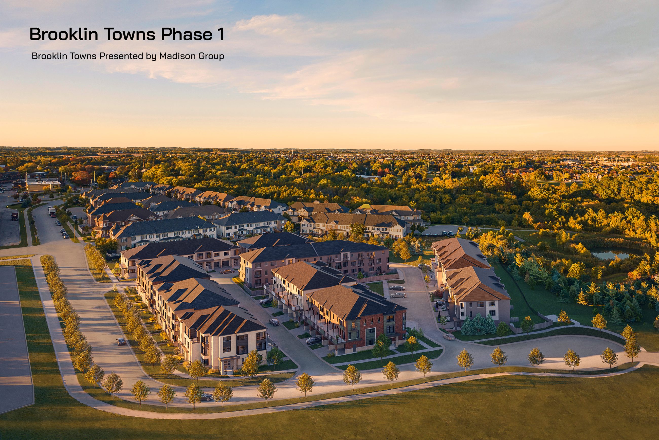 Brooklin Towns aerial view of the planned community at sunset (artist's concept)