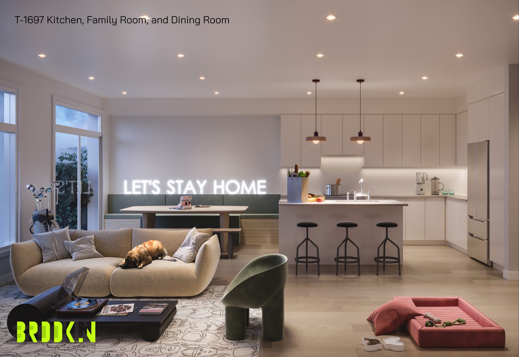 Brooklin Towns open-concept kitchen, family room, and dining room (artist's concept)