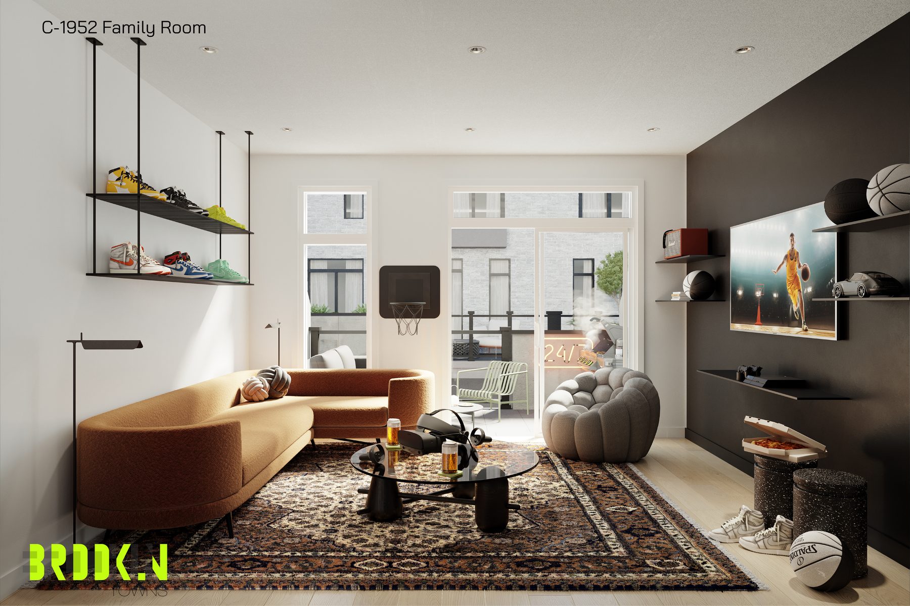 Brooklin Towns family room interior with a sofa and television (artist's concept)