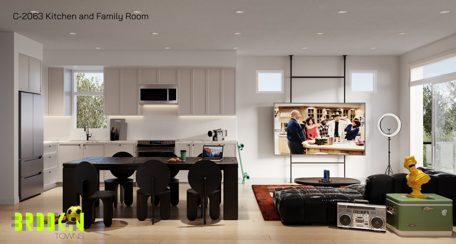 Brooklin Towns interior showing an open kitchen and family room (artist's concept)