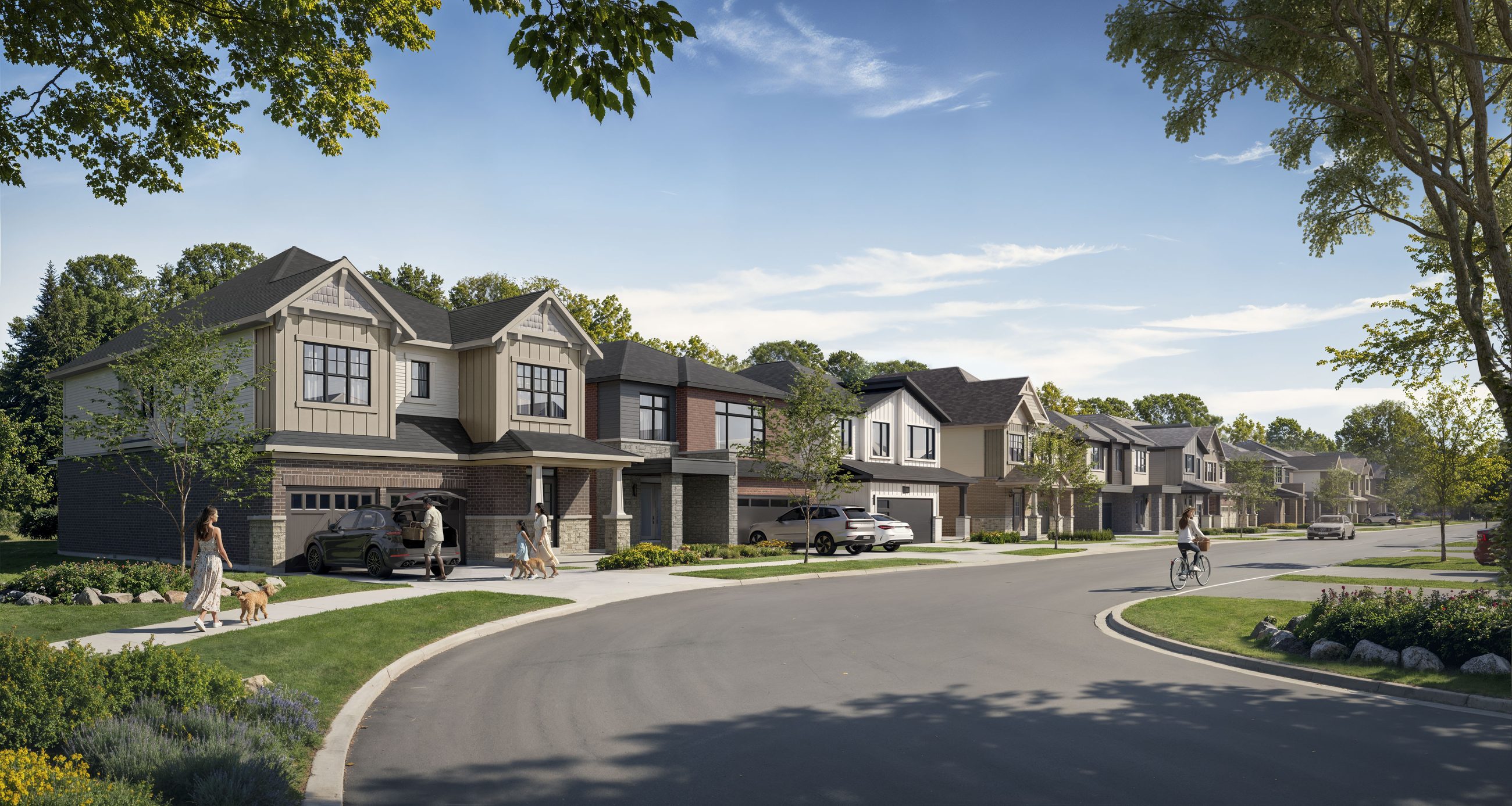 Creekstone street view of townhomes with a sidewalk and pedestrians (artist's concept)
