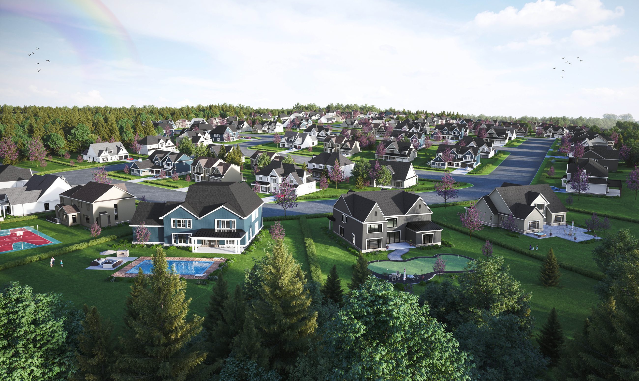 Eagles Rest aerial community view showing houses and green spaces (artist's concept)
