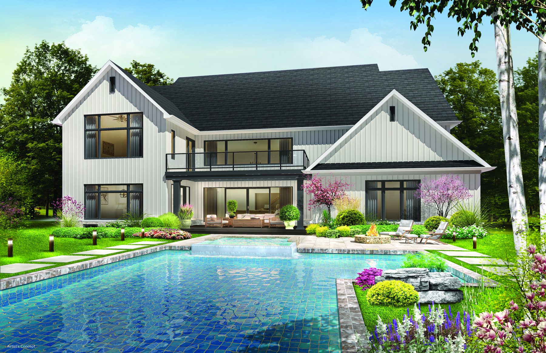 Eagles Rest white house rear exterior with large swimming pool (artist's concept)