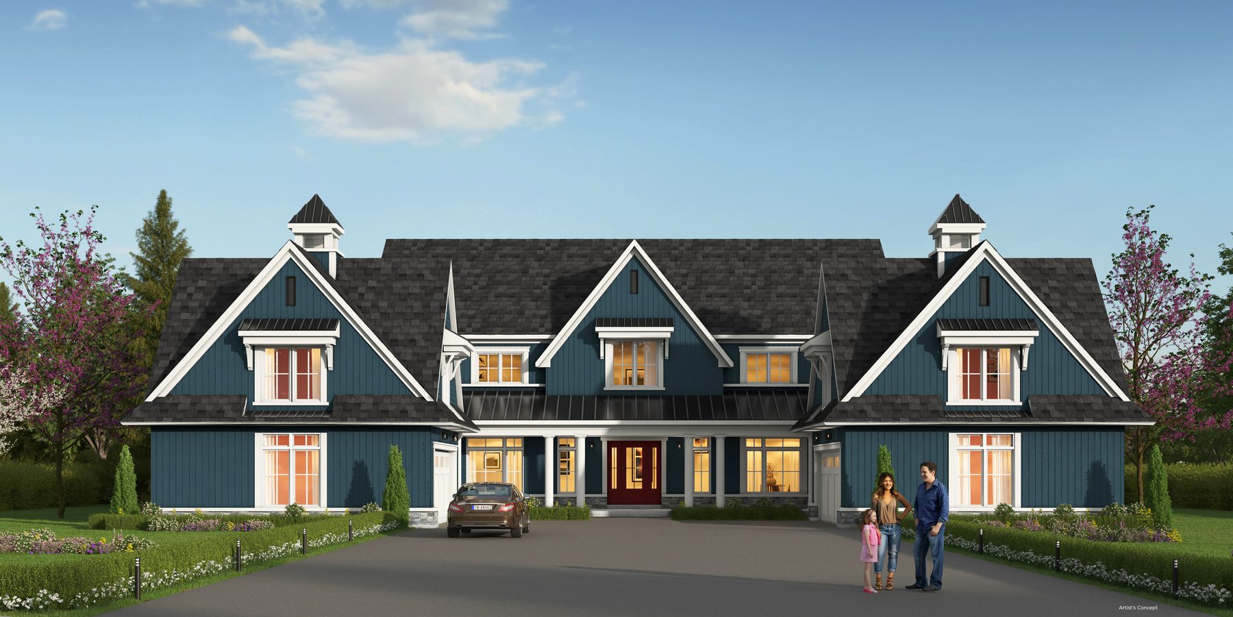 Eagles Rest dark blue house front exterior with multi-car driveway (artist's concept)