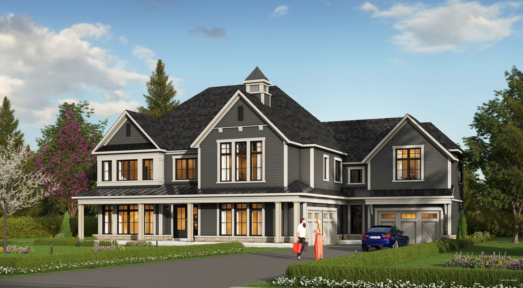Eagles Rest grey house front exterior with paved driveway (artist's concept)