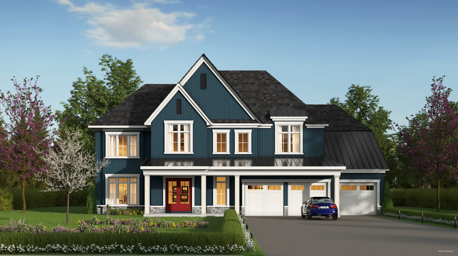 Eagles Rest blue house front exterior with red front door (artist's concept)