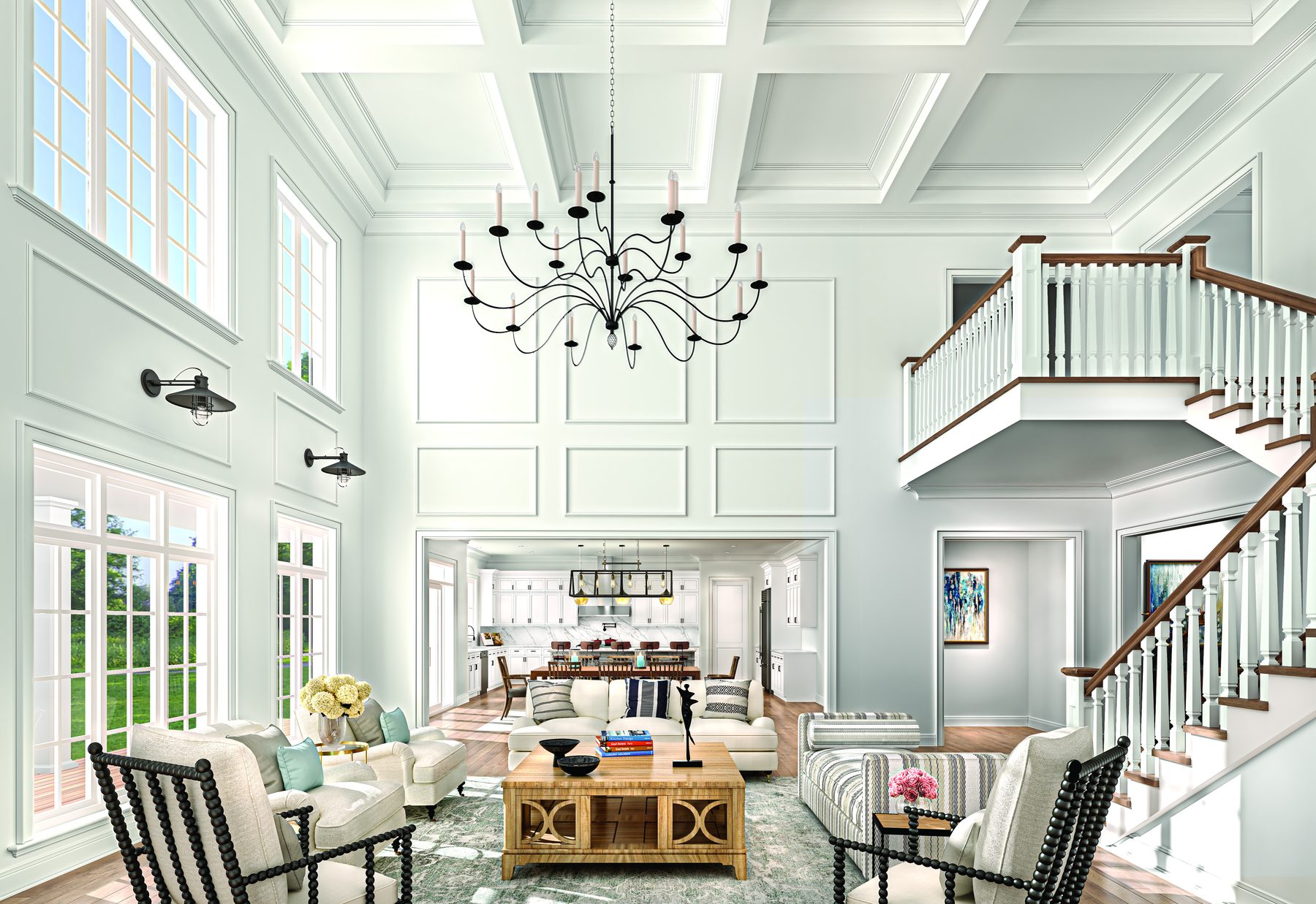 Eagles Rest two-story living room with staircase and chandelier (artist's concept)