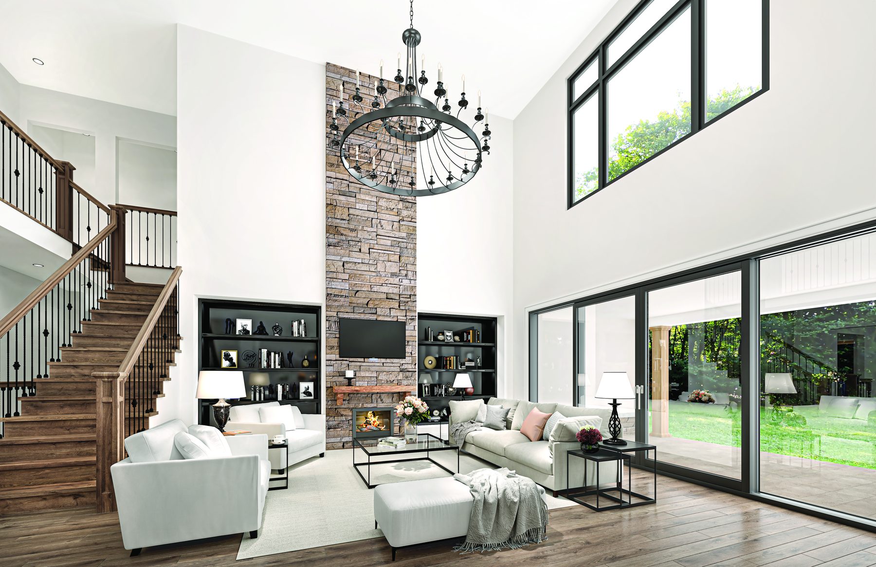 Eagles Rest living room with tall windows and stone fireplace (artist's concept)