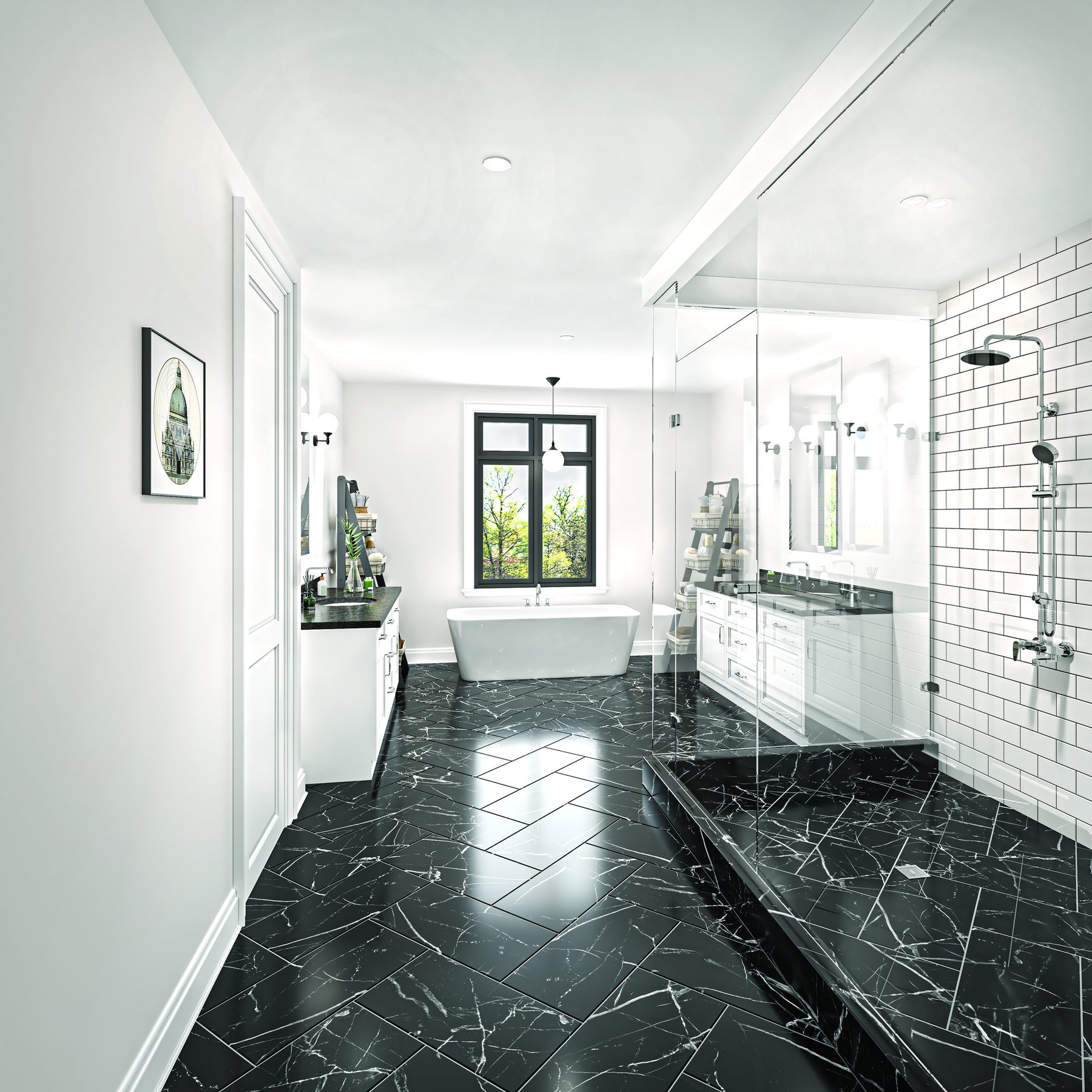 Eagles Rest bathroom with glass shower and black tile floor (artist's concept)