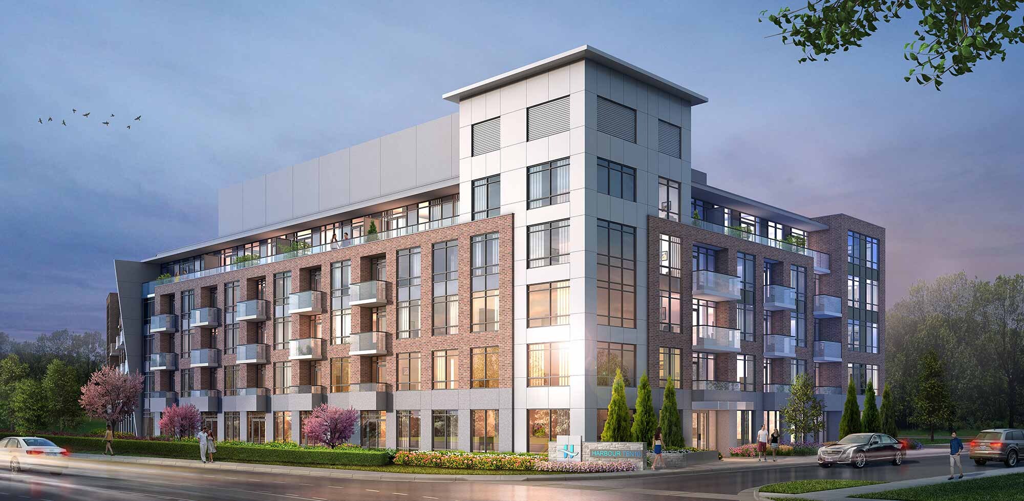 Harbour Ten10 exterior of mid-rise brick and panel building at dusk (artist's concept)