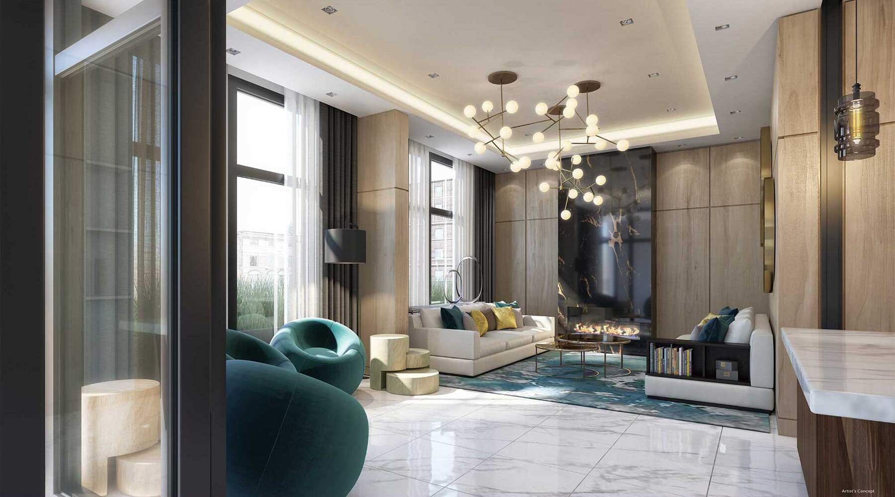 Harbour Ten10 lobby lounge with modern seating and fireplace (artist's concept)