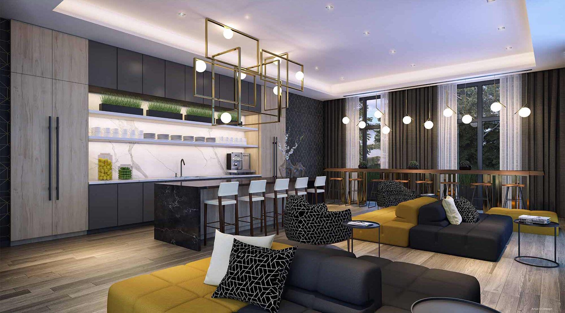 Harbour Ten10 party room with kitchen island and lounge seating (artist's concept)