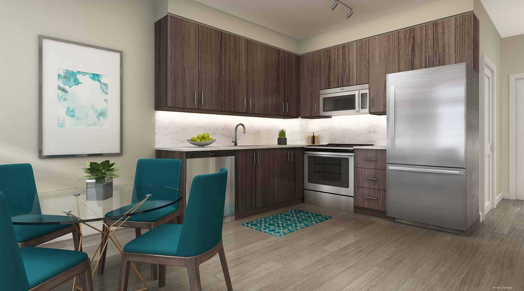 Harbour Ten10 kitchen with wood cabinets and dining table (artist's concept)