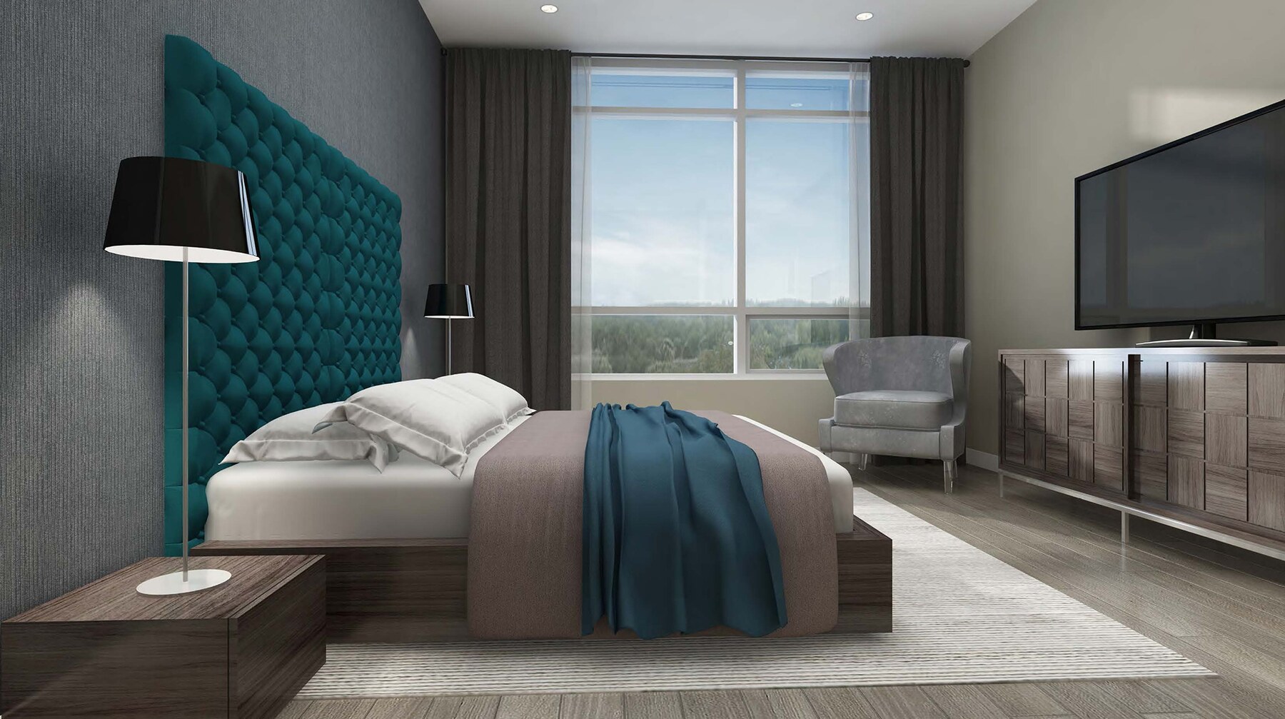 Harbour Ten10 bedroom with large window and tufted headboard (artist's concept)