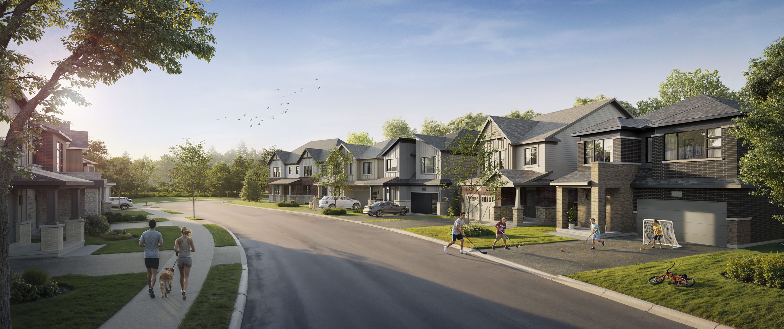 The Heights of Harmony East streetscape showing two-story houses and pedestrians (artist's concept)