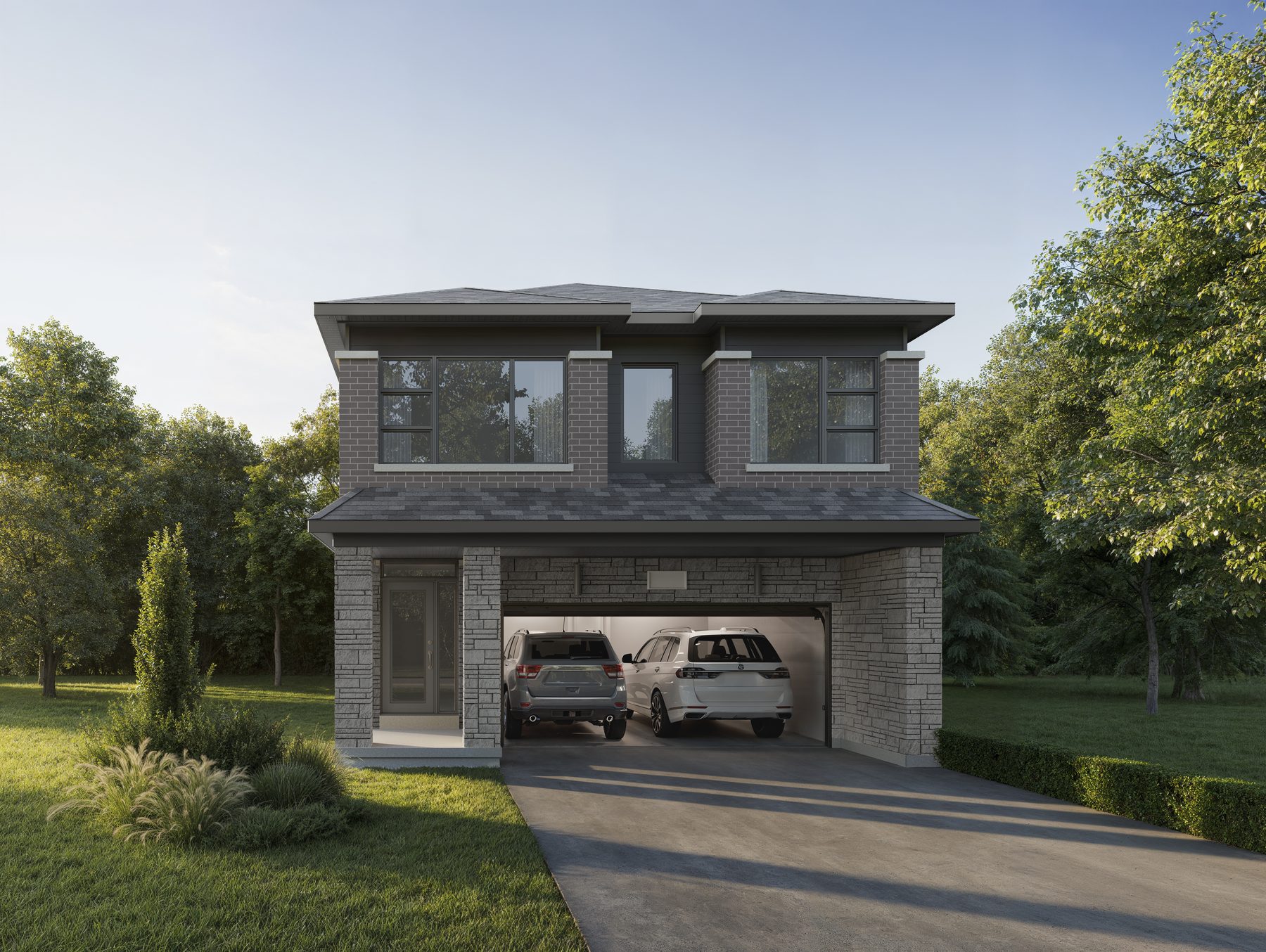 The Heights of Harmony East two-story dark brick house exterior with double garage (artist's concept)