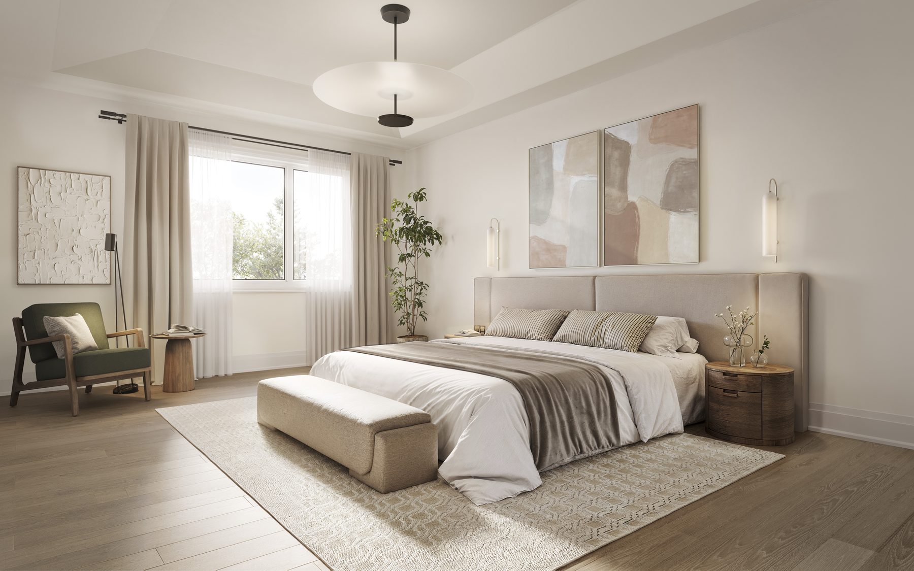 The Heights of Harmony East bedroom interior with a bed, bench, and window (artist's concept)