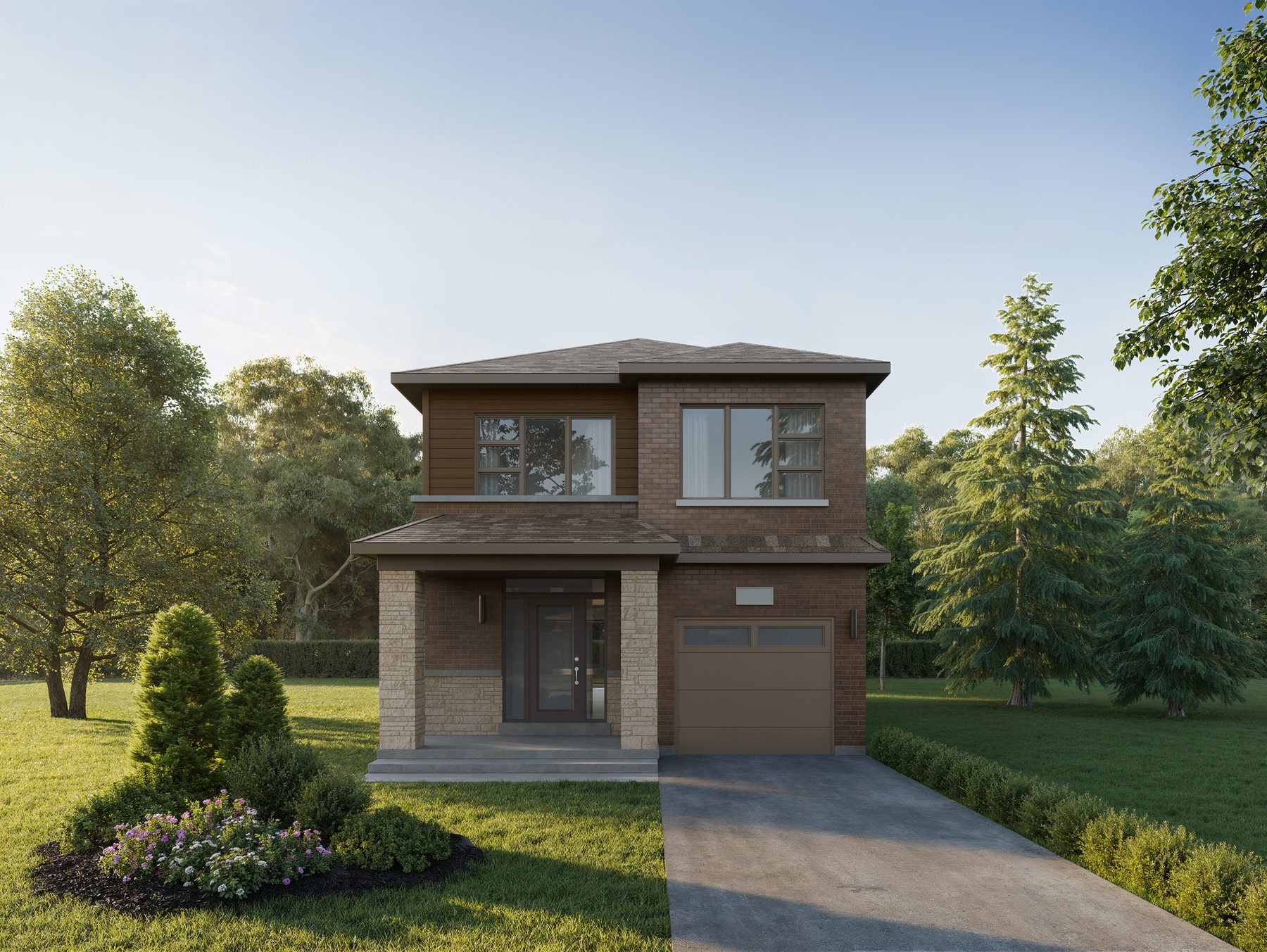 The Heights of Harmony East two-story brown brick house exterior with a single garage (artist's concept)
