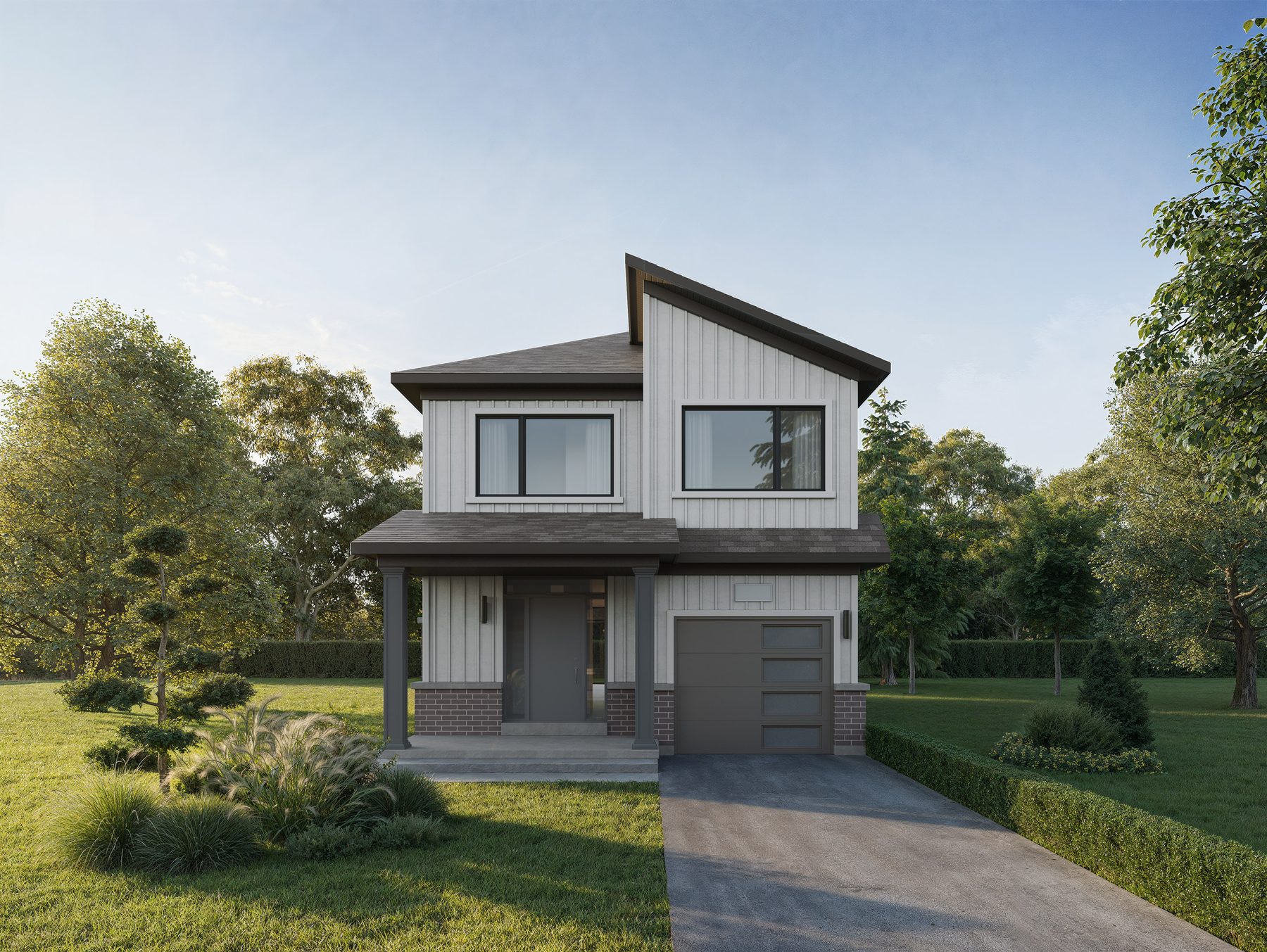 The Heights of Harmony East two-story house exterior with slanted roof and single garage (artist's concept)
