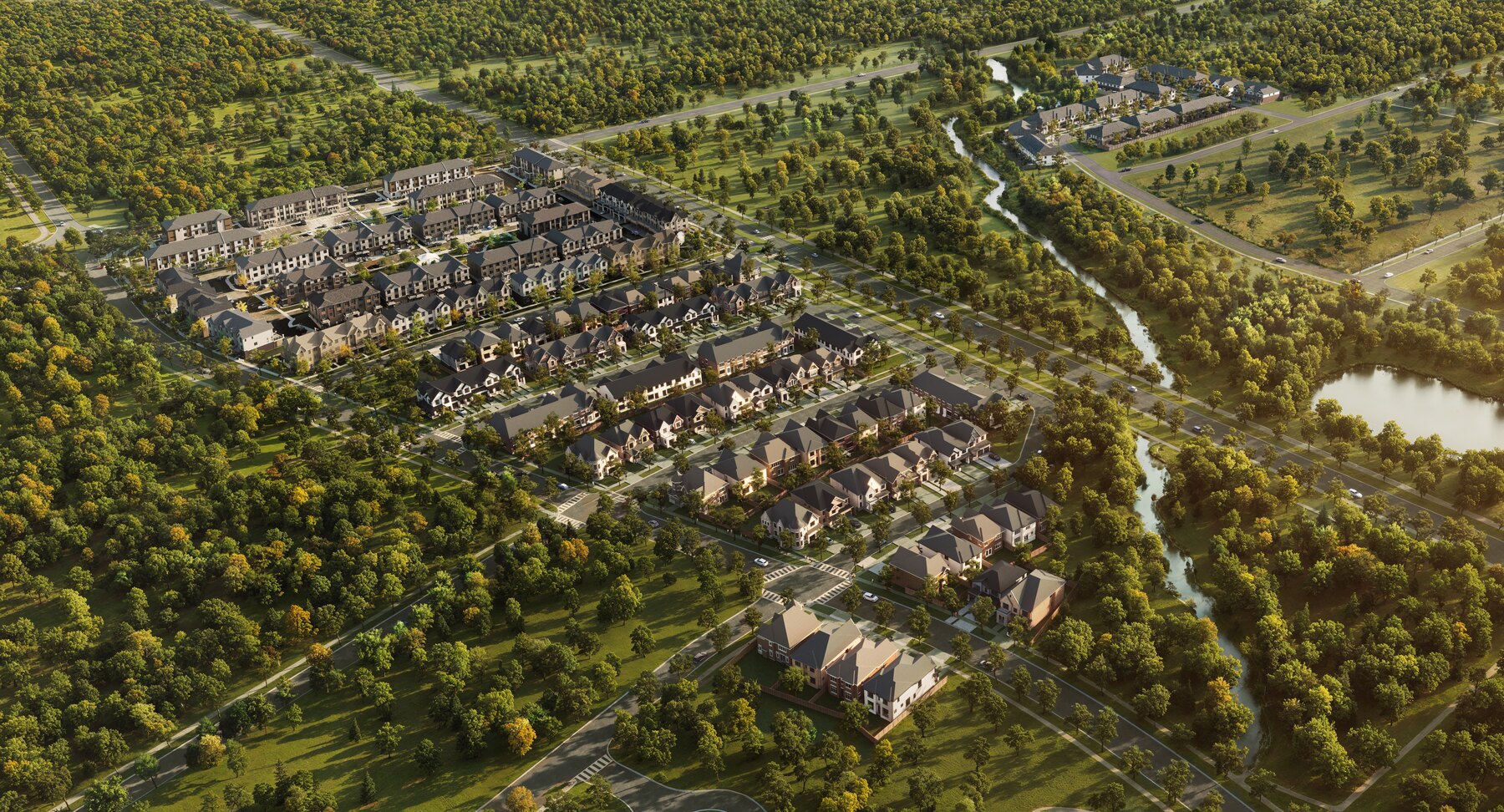 The Heights of Harmony aerial view of the townhome community and surrounding nature (artist's concept)