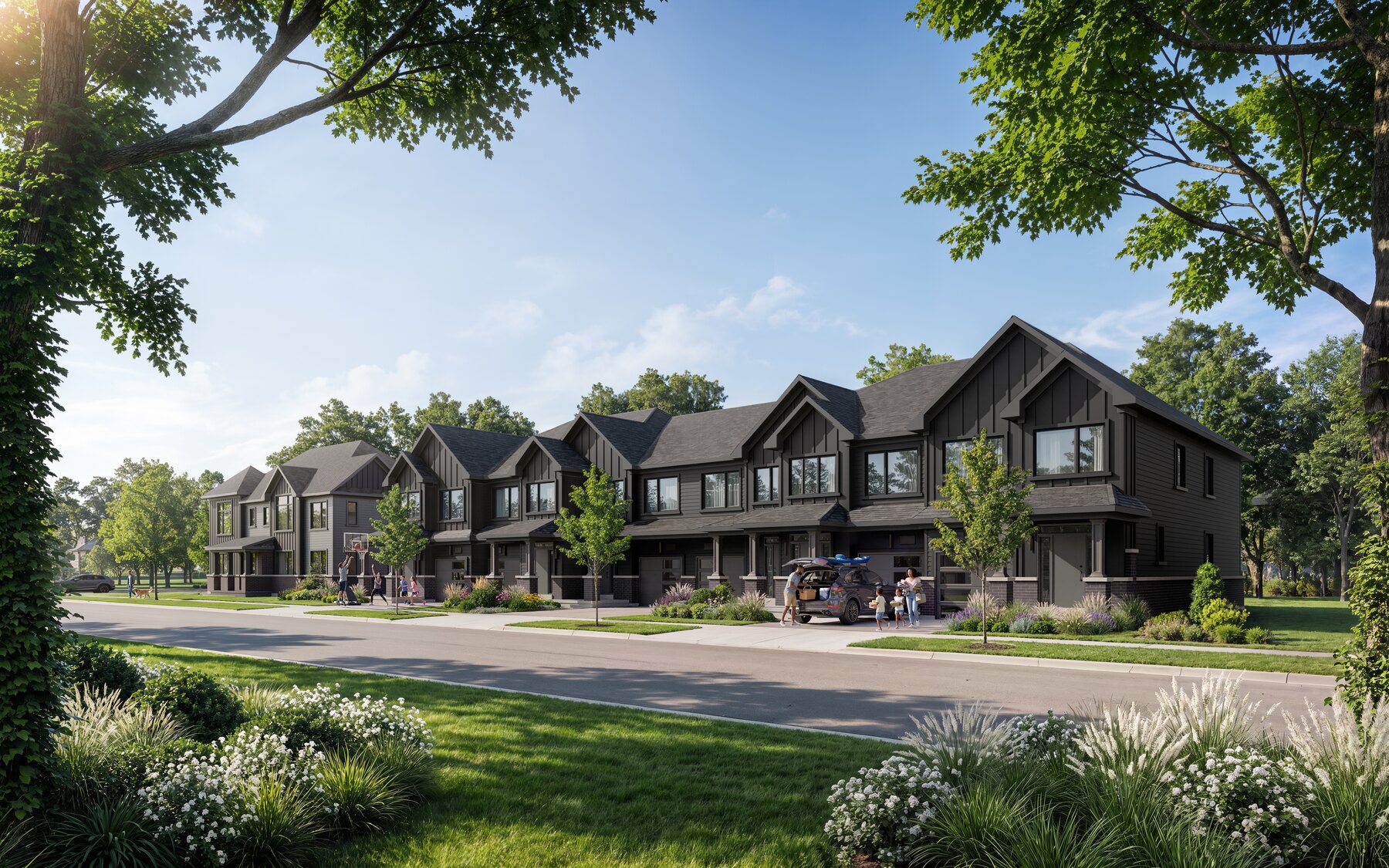 The Heights of Harmony exterior streetscape of dark-colored townhomes (artist's concept)