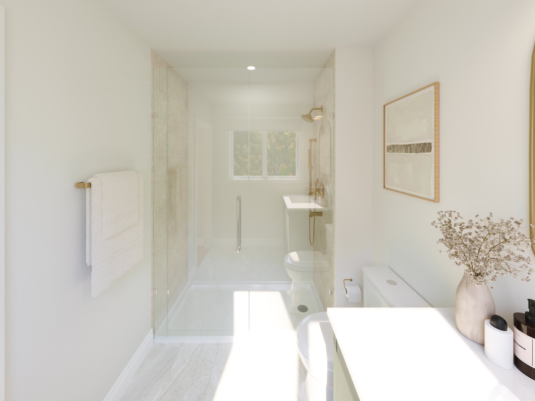 The Heights of Harmony bathroom with a green vanity and glass shower (artist's concept)
