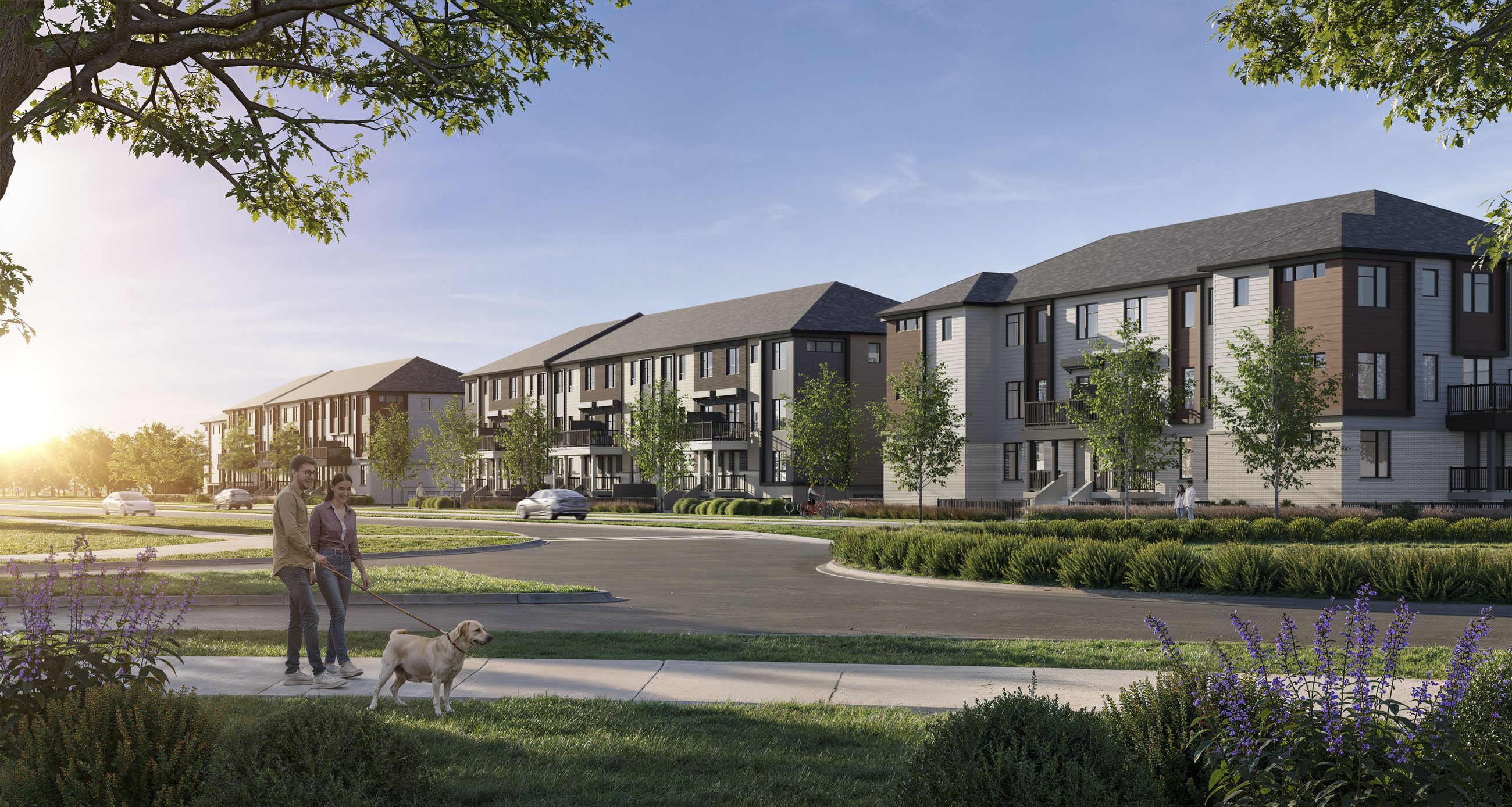 Heights of Harmony townhome exterior with people walking a dog (artist's concept)