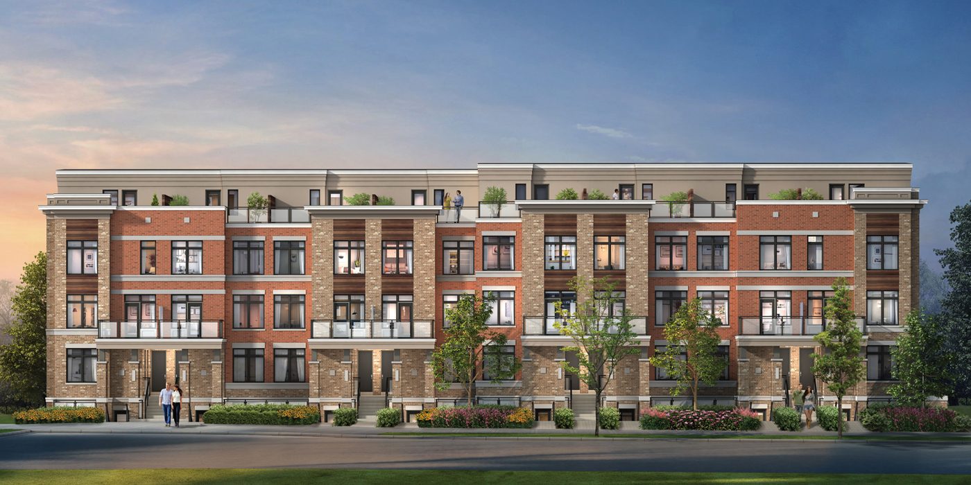 High Point Urban Towns exterior of brick building at dusk (artist's concept)