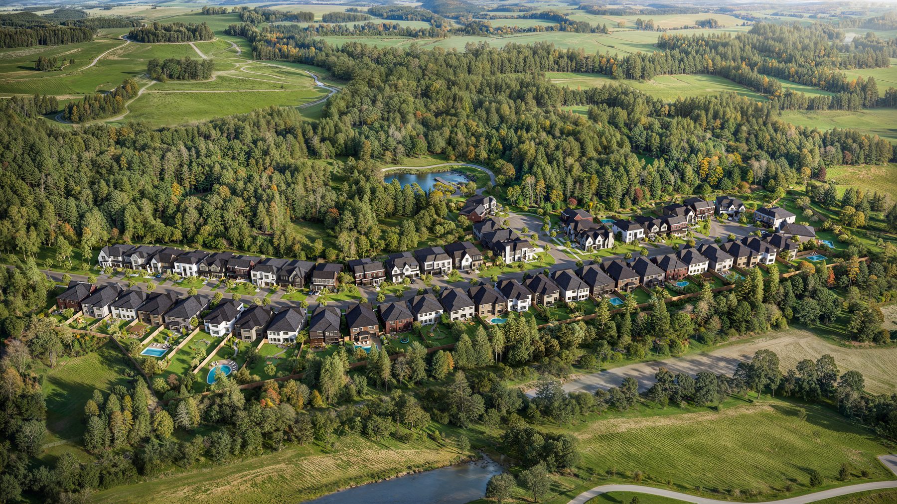 IRIS aerial view showing the community surrounded by forest and fields (artist's concept)