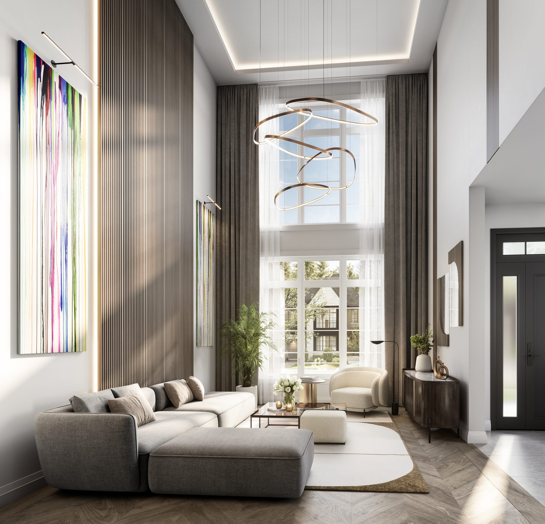 IRIS living room with double-height ceilings, a sofa, and large windows (artist's concept)