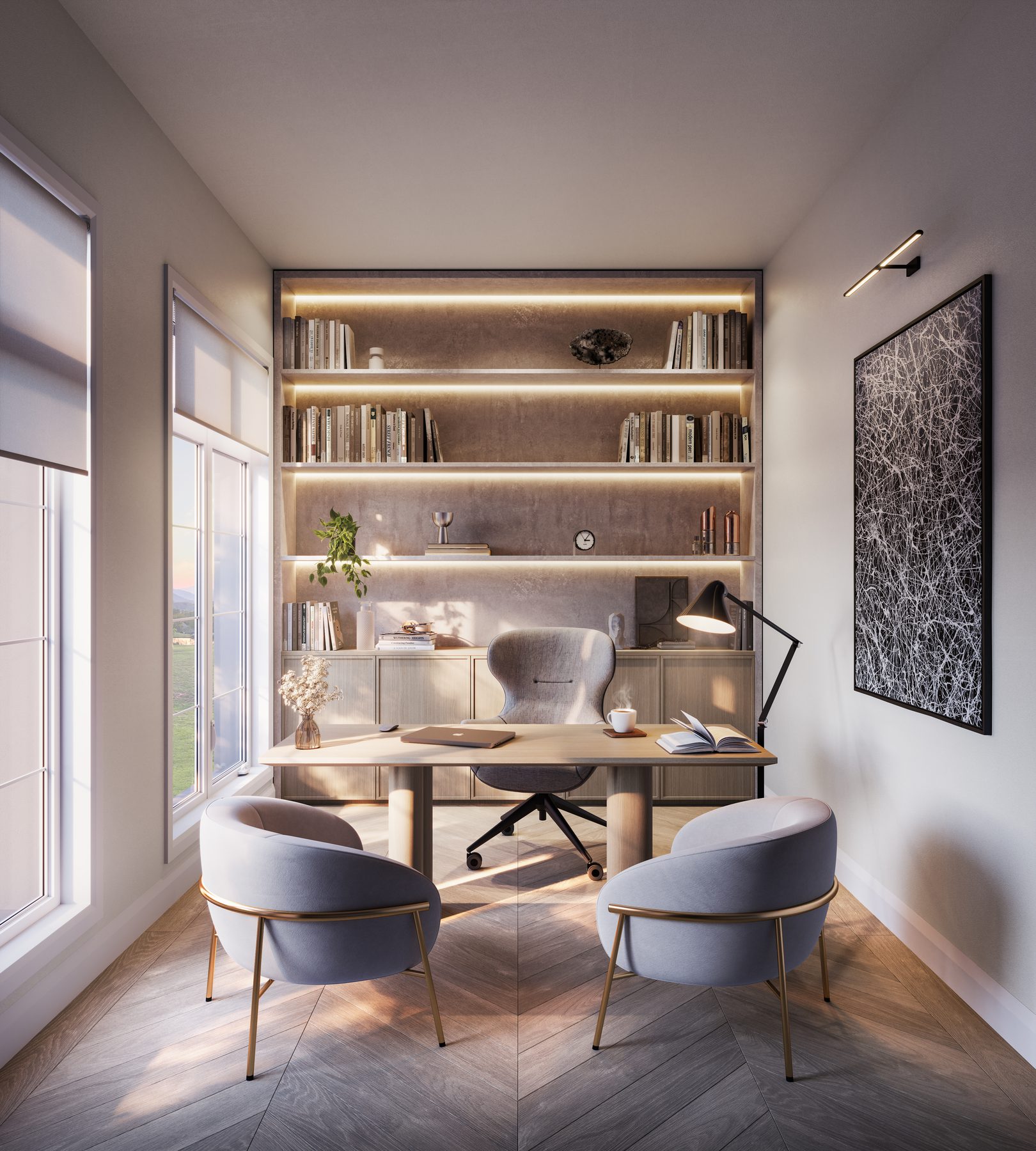 IRIS home office featuring a desk, chairs, and built-in wall shelving (artist's concept)