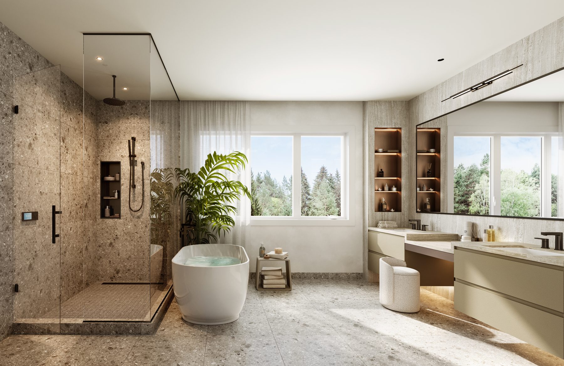 IRIS bathroom showing a glass shower, freestanding tub, and double vanity (artist's concept)