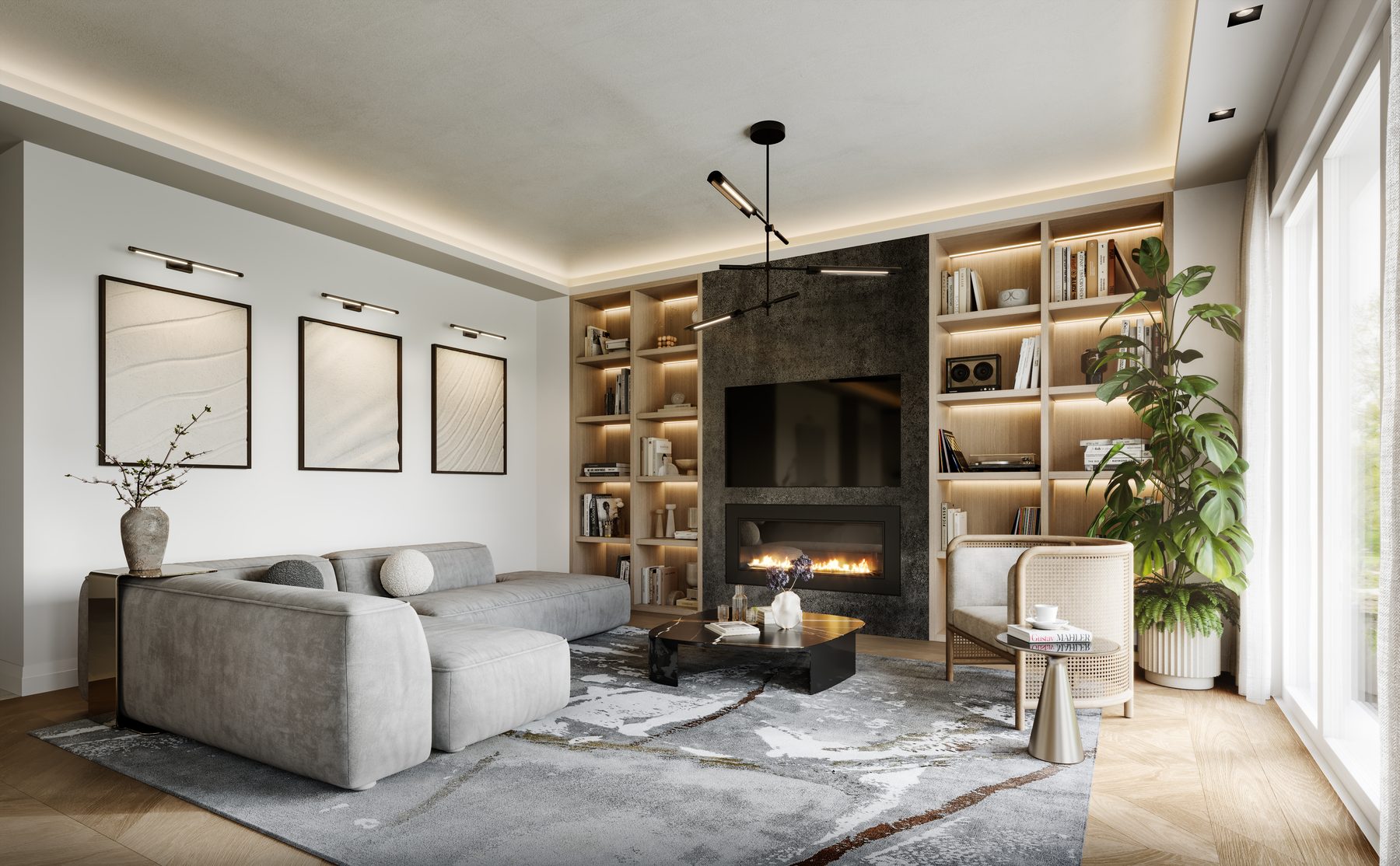 IRIS living room featuring a sofa, fireplace, and built-in wooden bookshelves (artist's concept)