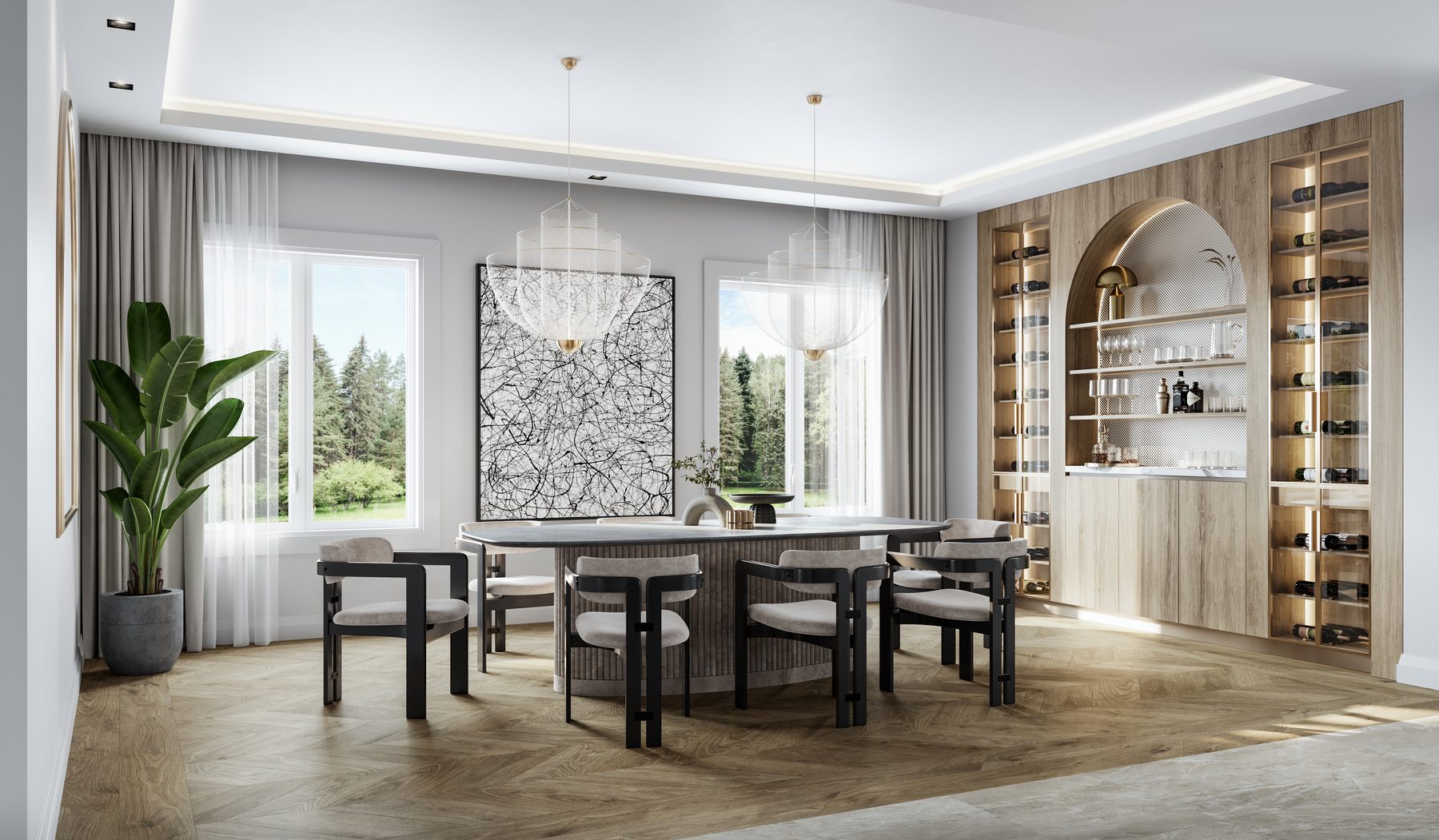 IRIS dining room featuring a large table and built-in wine storage (artist's concept)