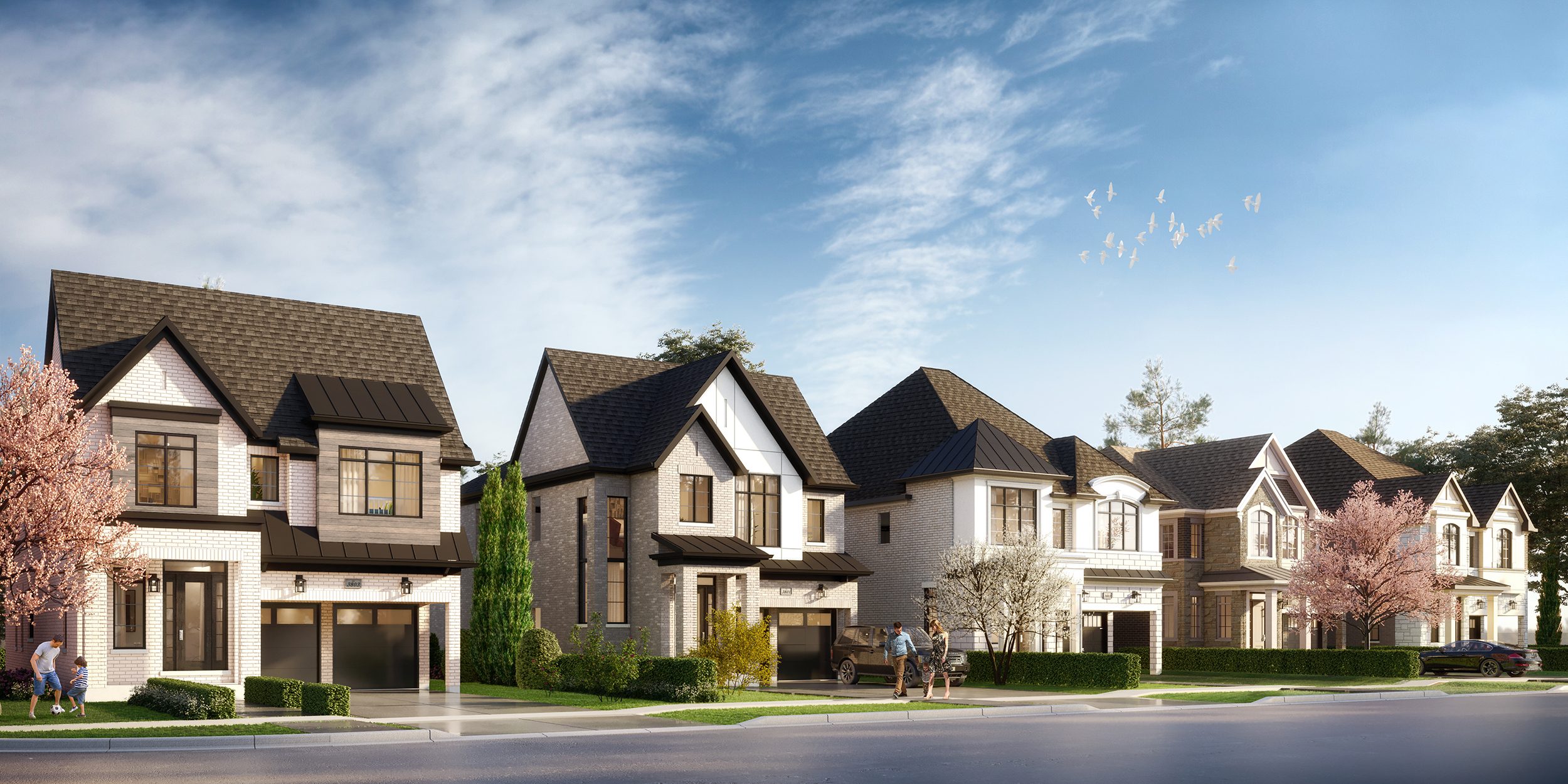 Joshua Creek Montage Hallett streetscape showing detached houses with pitched roofs (artist's concept)