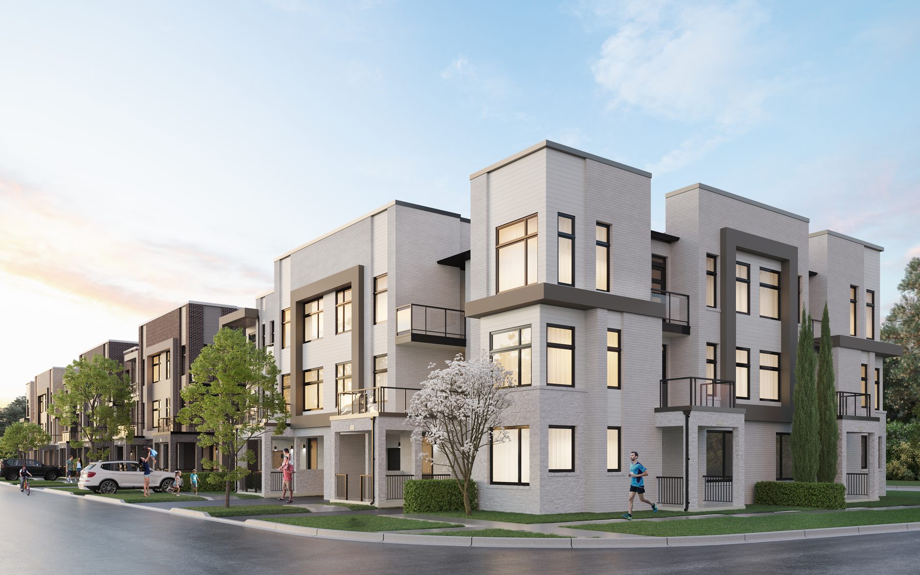 Joshua Creek Montage Hallett corner view of modern, flat-roofed townhouses (artist's concept)