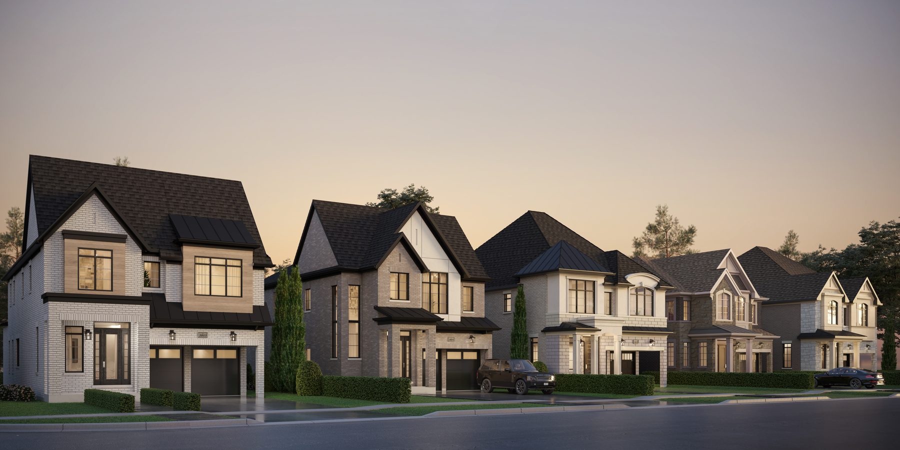 Joshua Creek Montage Hallett dusk streetscape view of several detached houses (artist's concept)
