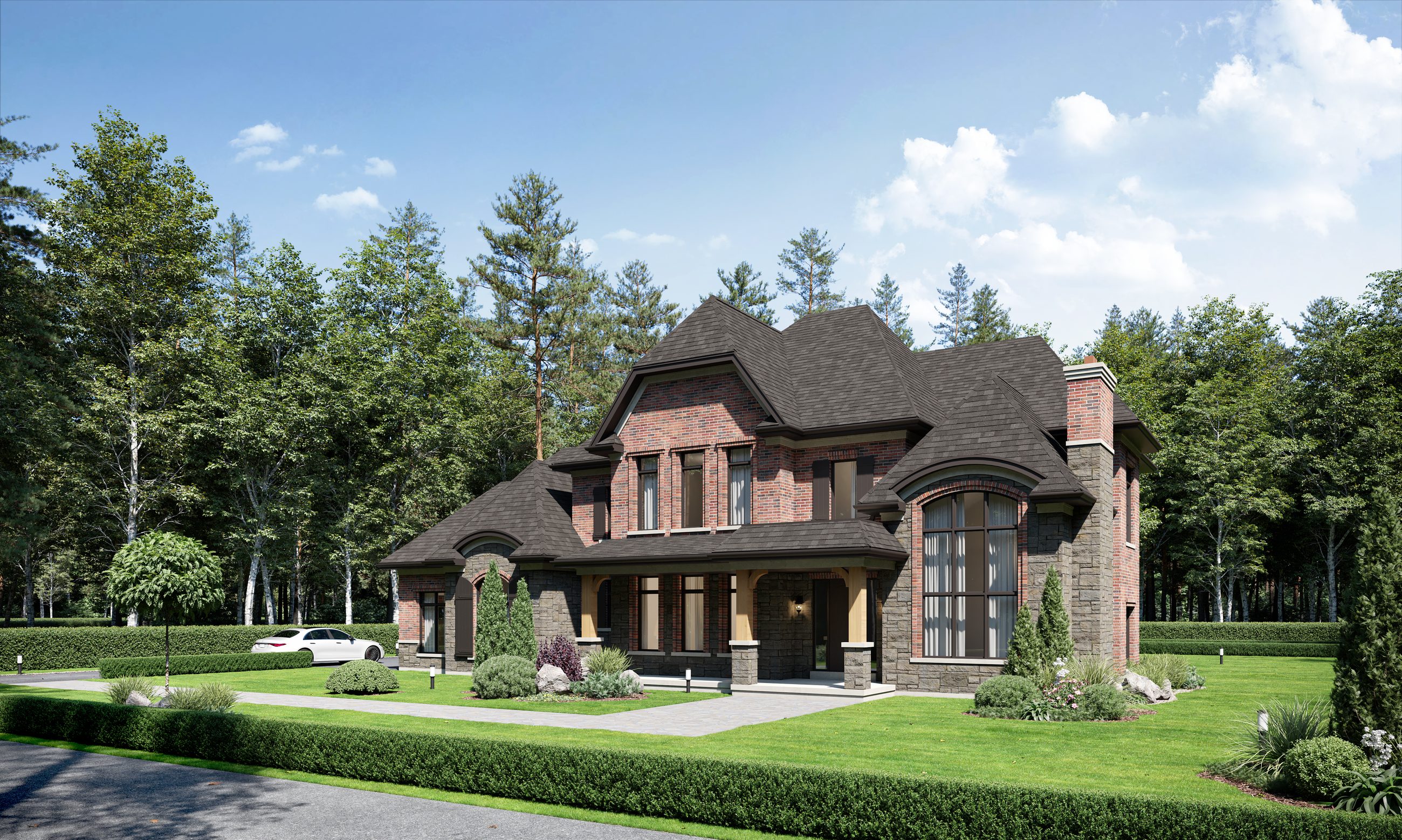 Lively exterior of a brick and stone house with trees (artist's concept)