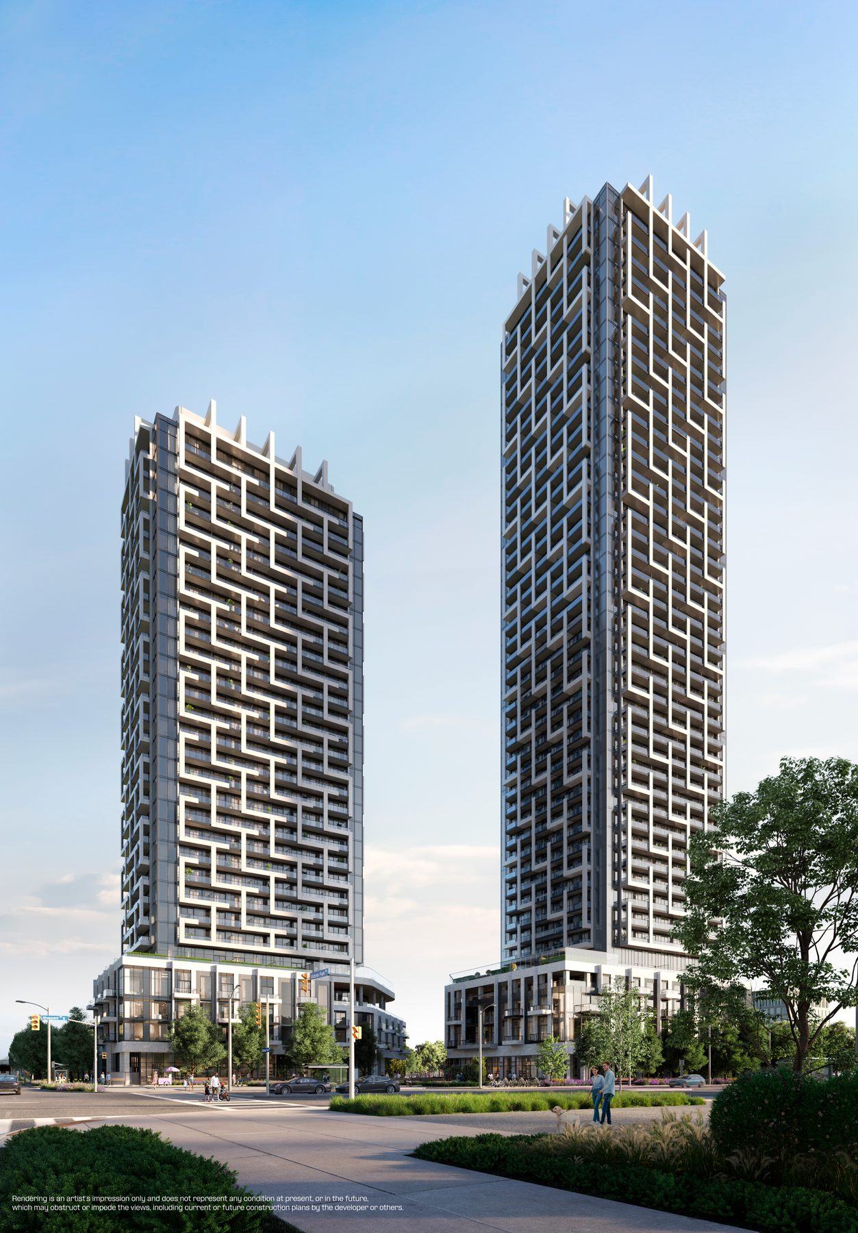 Street-level view of two LSQ2 towers with patterned facades (artist's concept)
