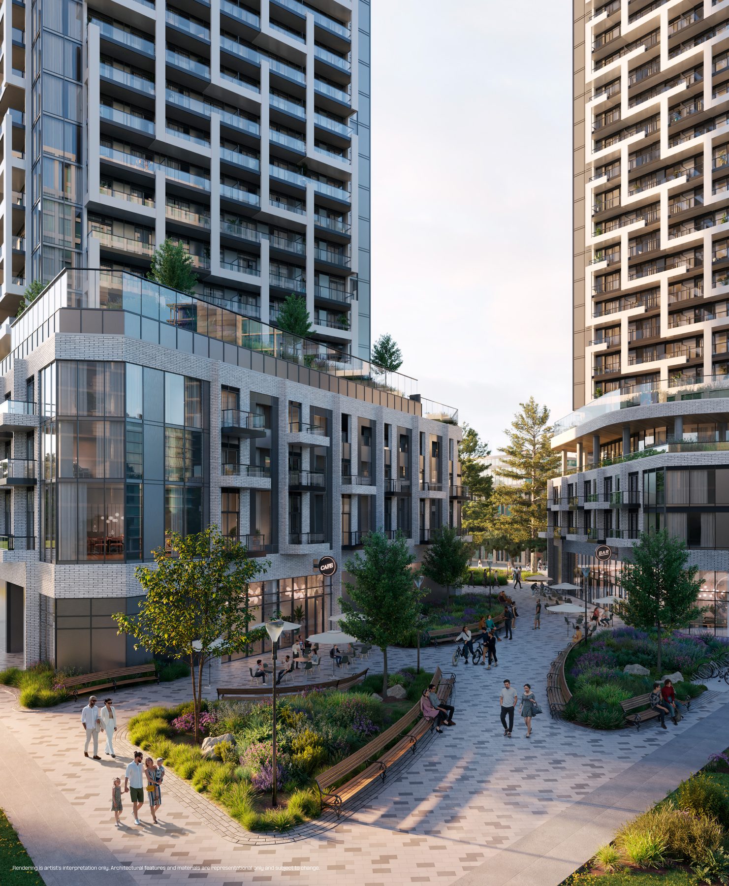 Pedestrian courtyard and plaza between LSQ2 buildings with seating (artist's concept)