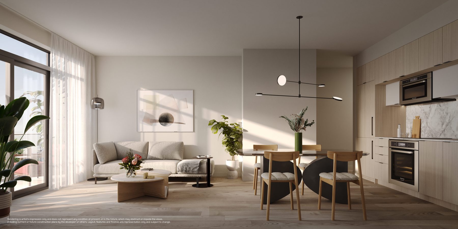 LSQ2 suite interior showing a kitchen, dining, and living area (artist's concept)