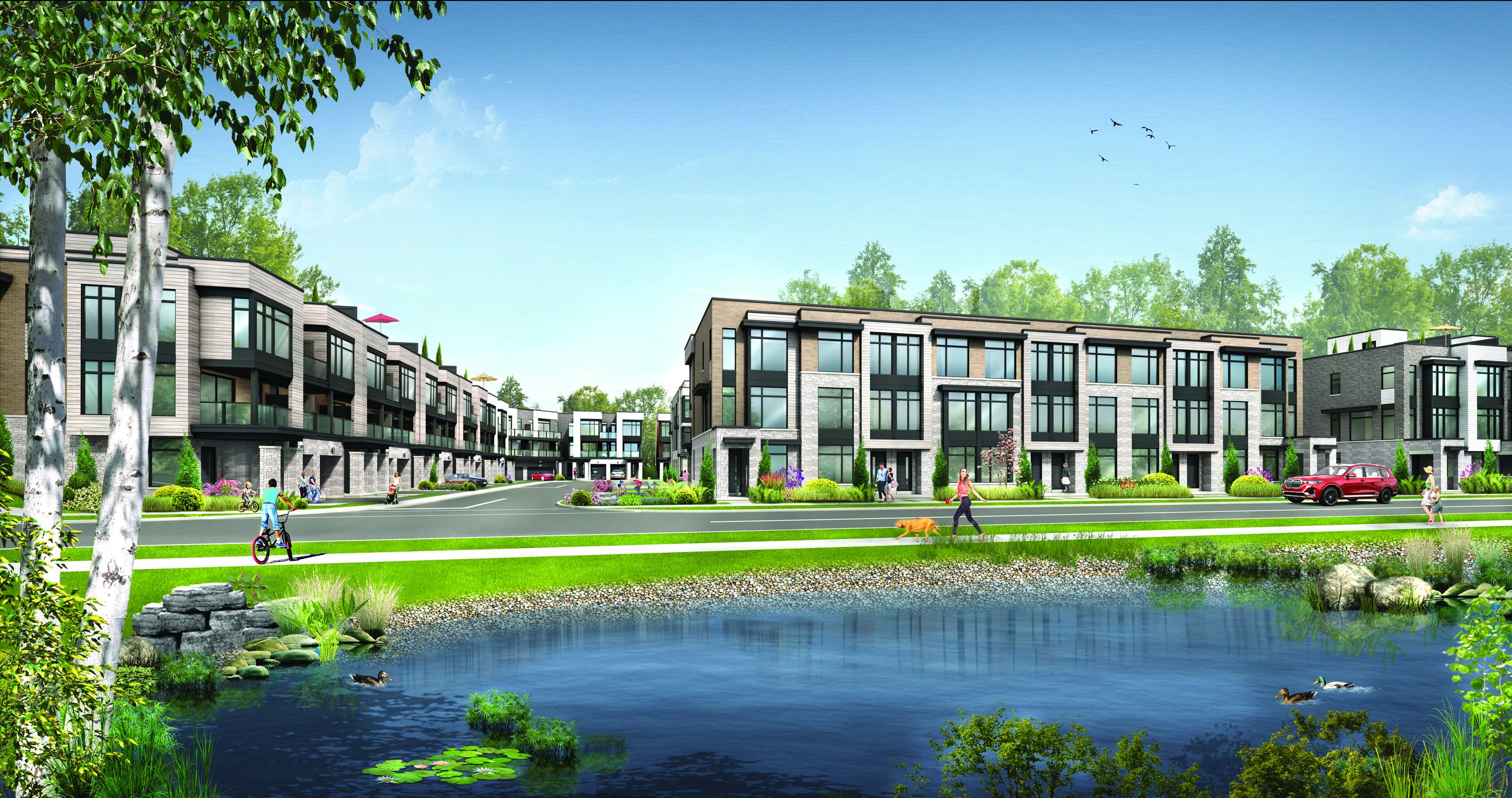 Oakbrook Towns II exterior view over a pond and walking path (artist's concept)