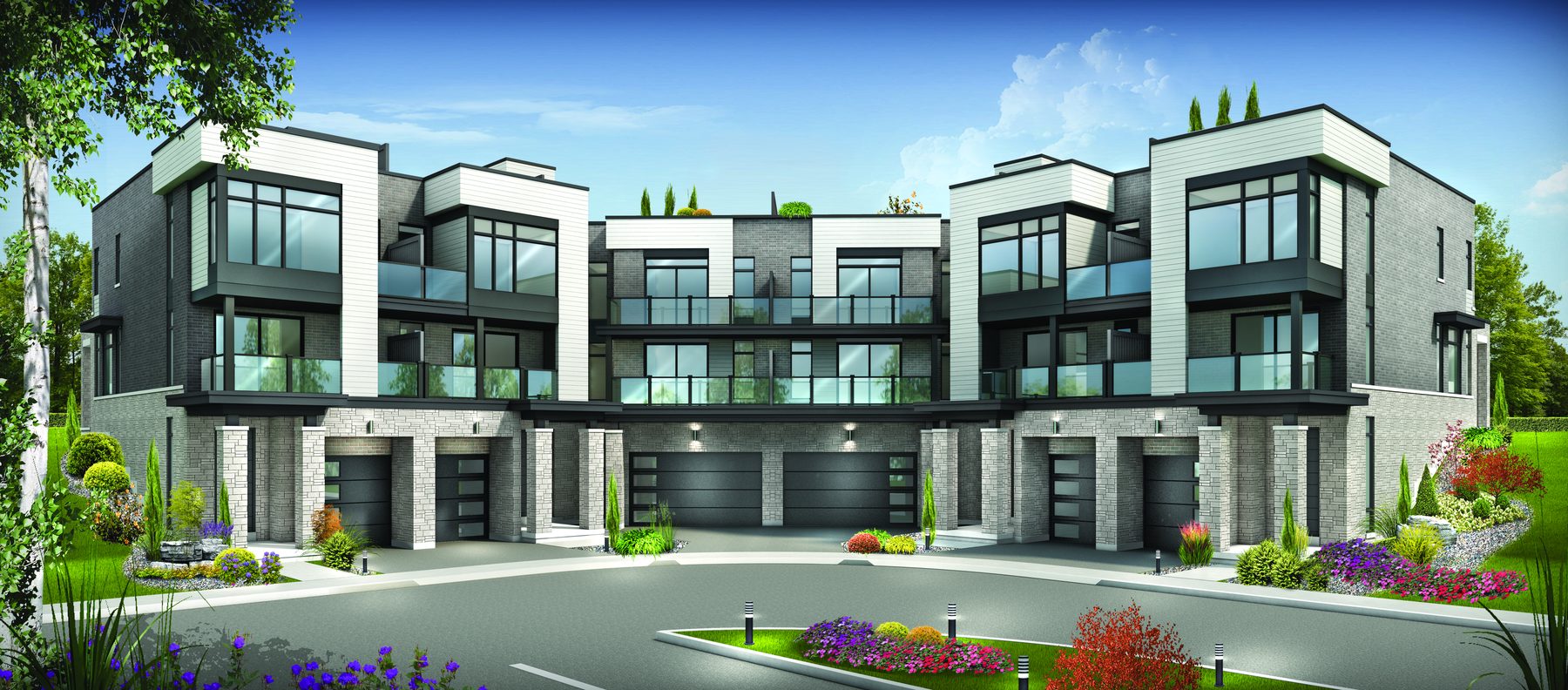 Oakbrook Towns II building exterior showing ground-level garages and driveways (artist's concept)