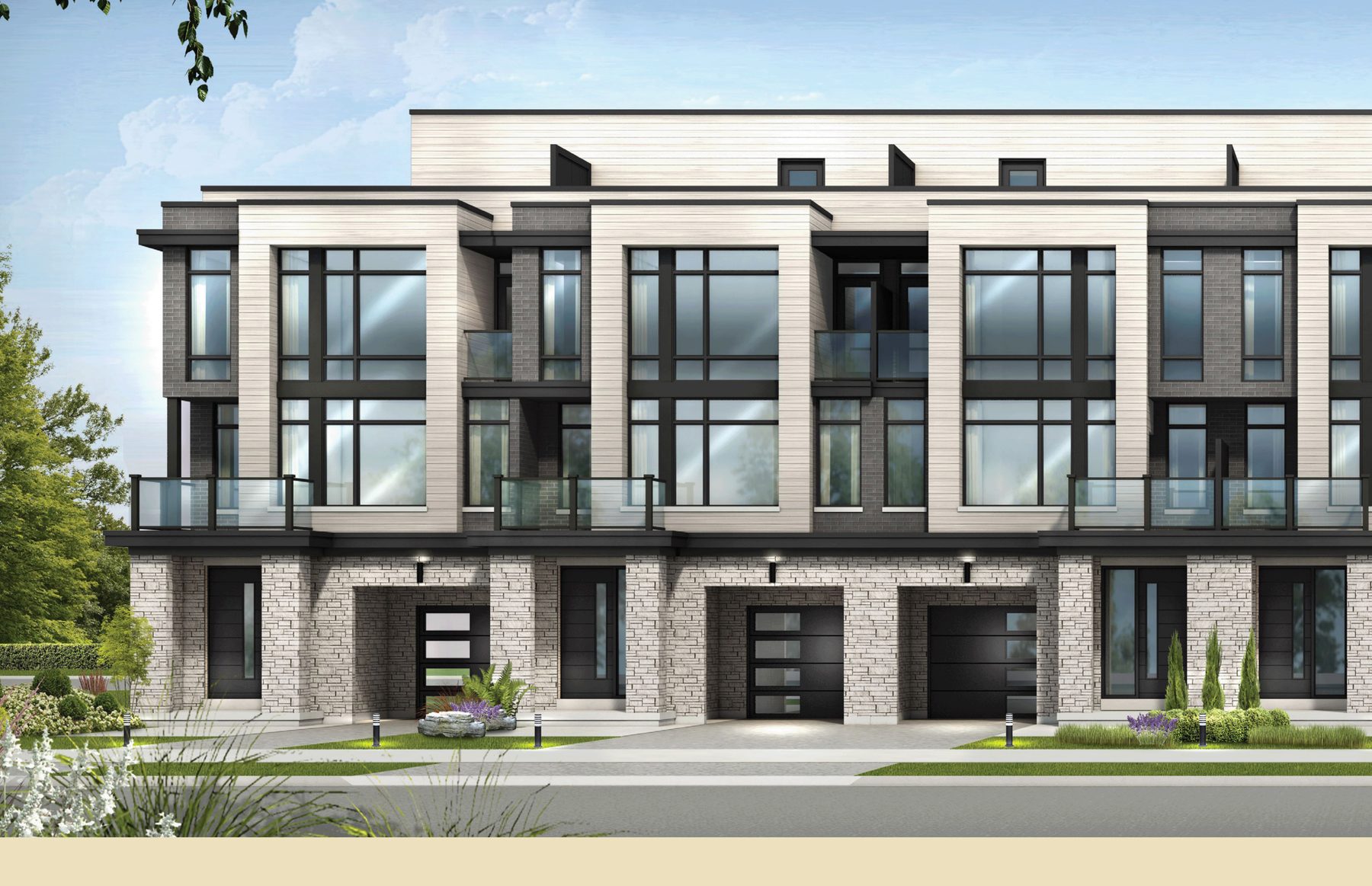 Close-up of an Oakbrook Towns II building facade with garages (artist's concept)