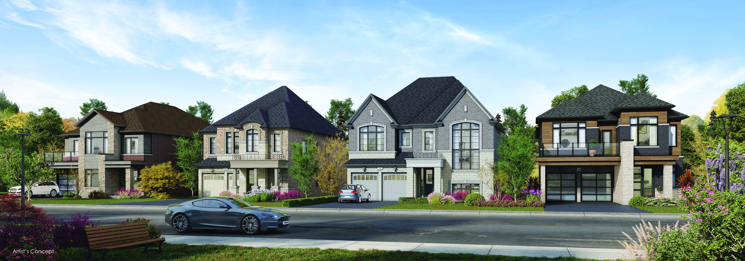 Oakridge Green streetscape with multiple detached homes along a paved road (artist's concept)