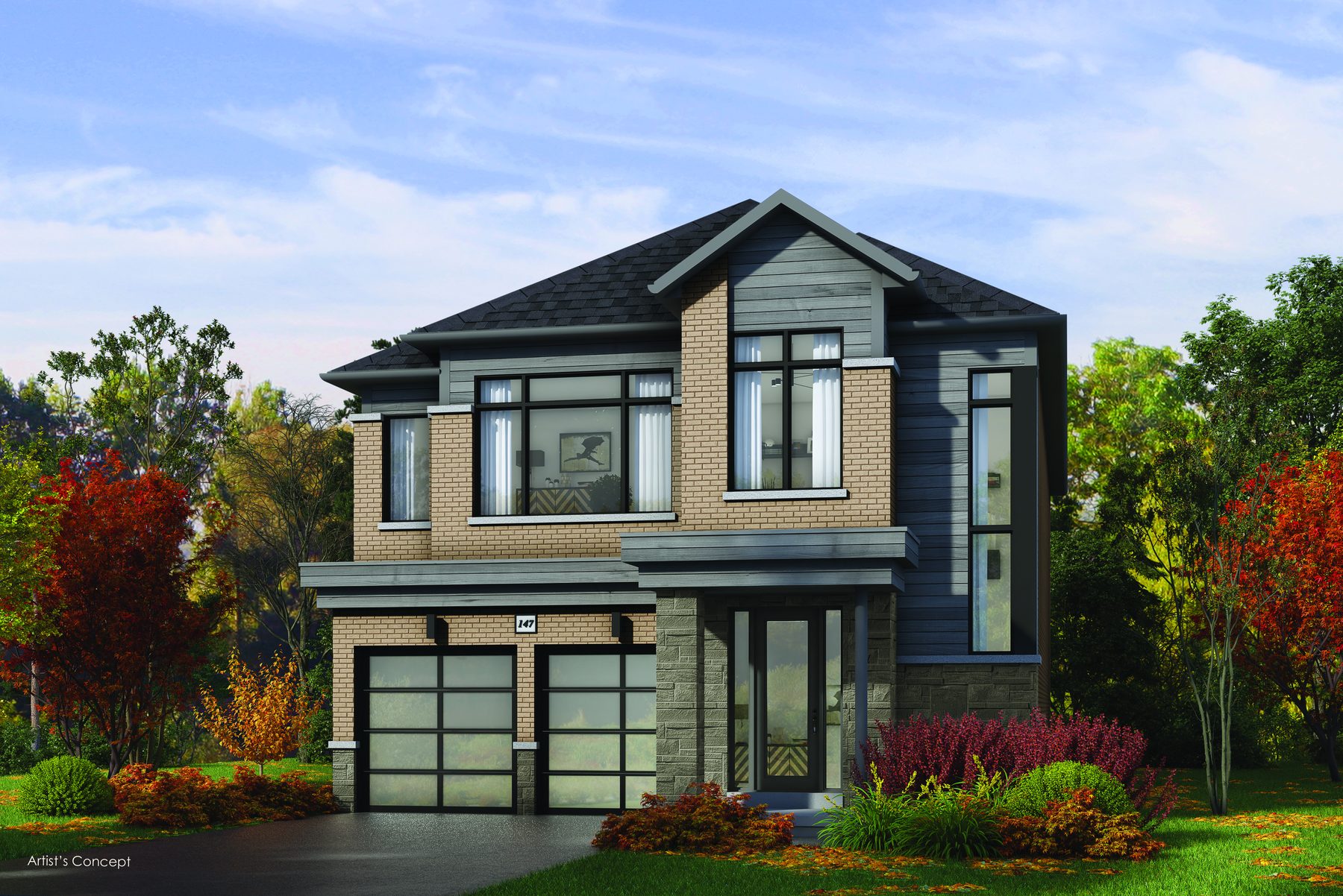 Oakridge Green two-story detached home exterior with light brick and siding (artist's concept)